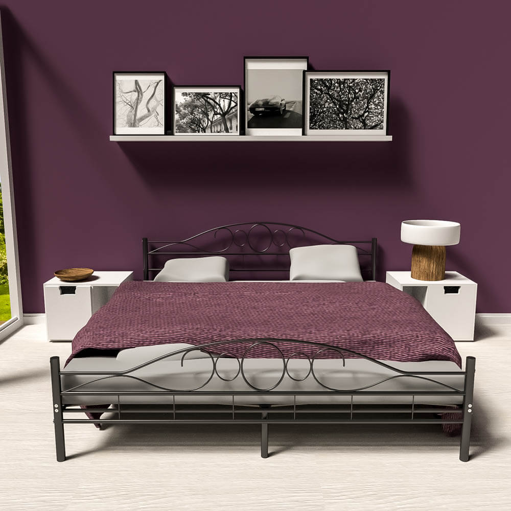 Double metal bed frame super king size modern 180x200cm black + slatted