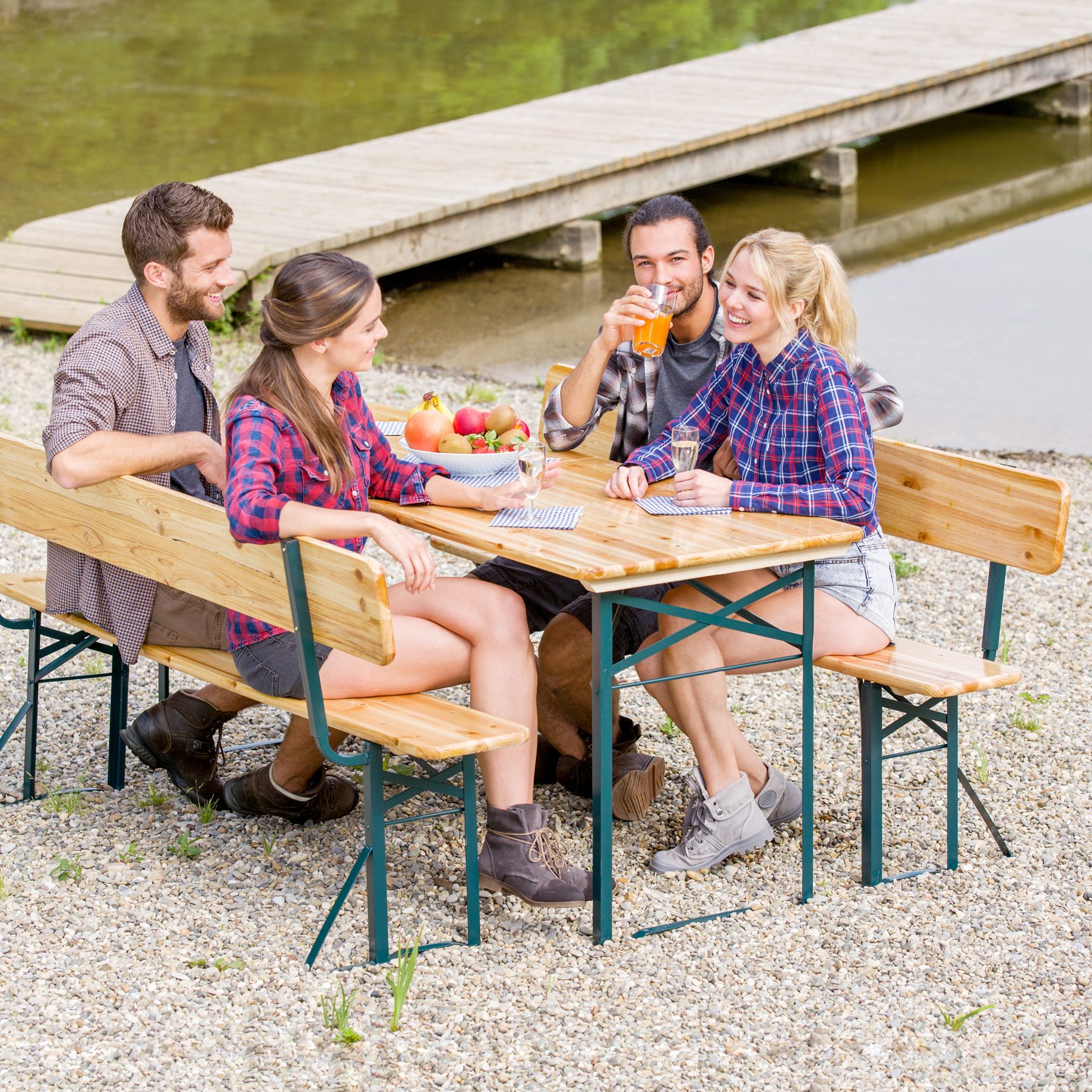 SET BIRRERIA TAVOLO E PANCHE CON SCHIENALE RICHIUDIBILE DA GIARDINO IN LEGNO