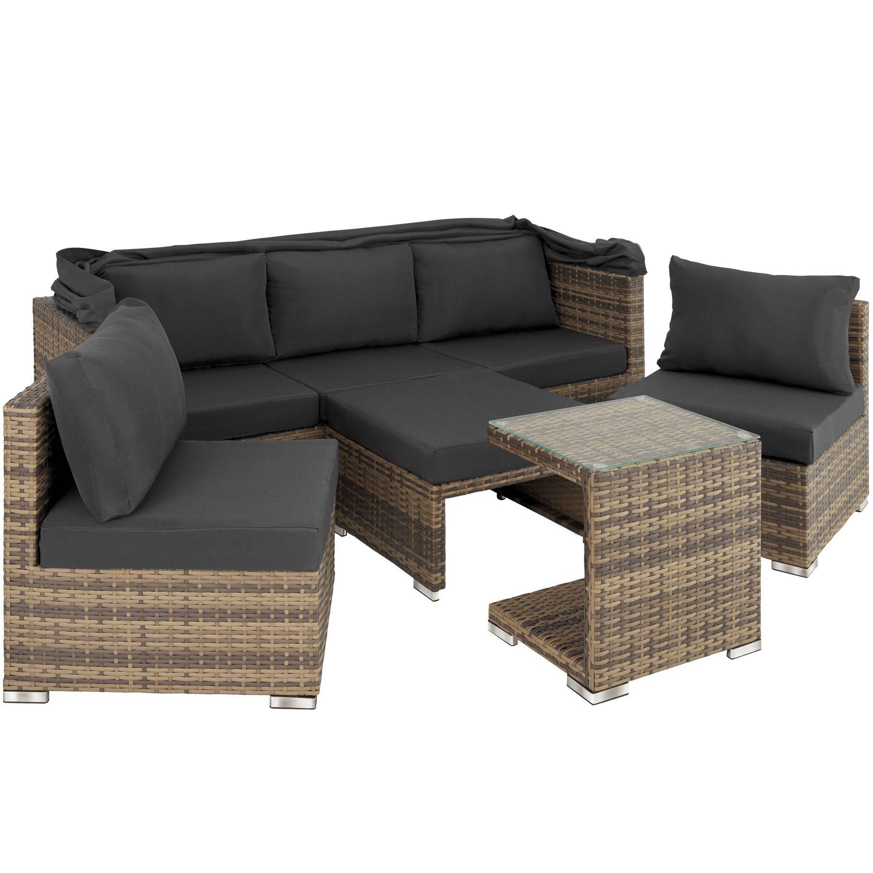 16tlg. Alu Poly Rattan Lounge Set mit Sonnendach Gartenmöbel