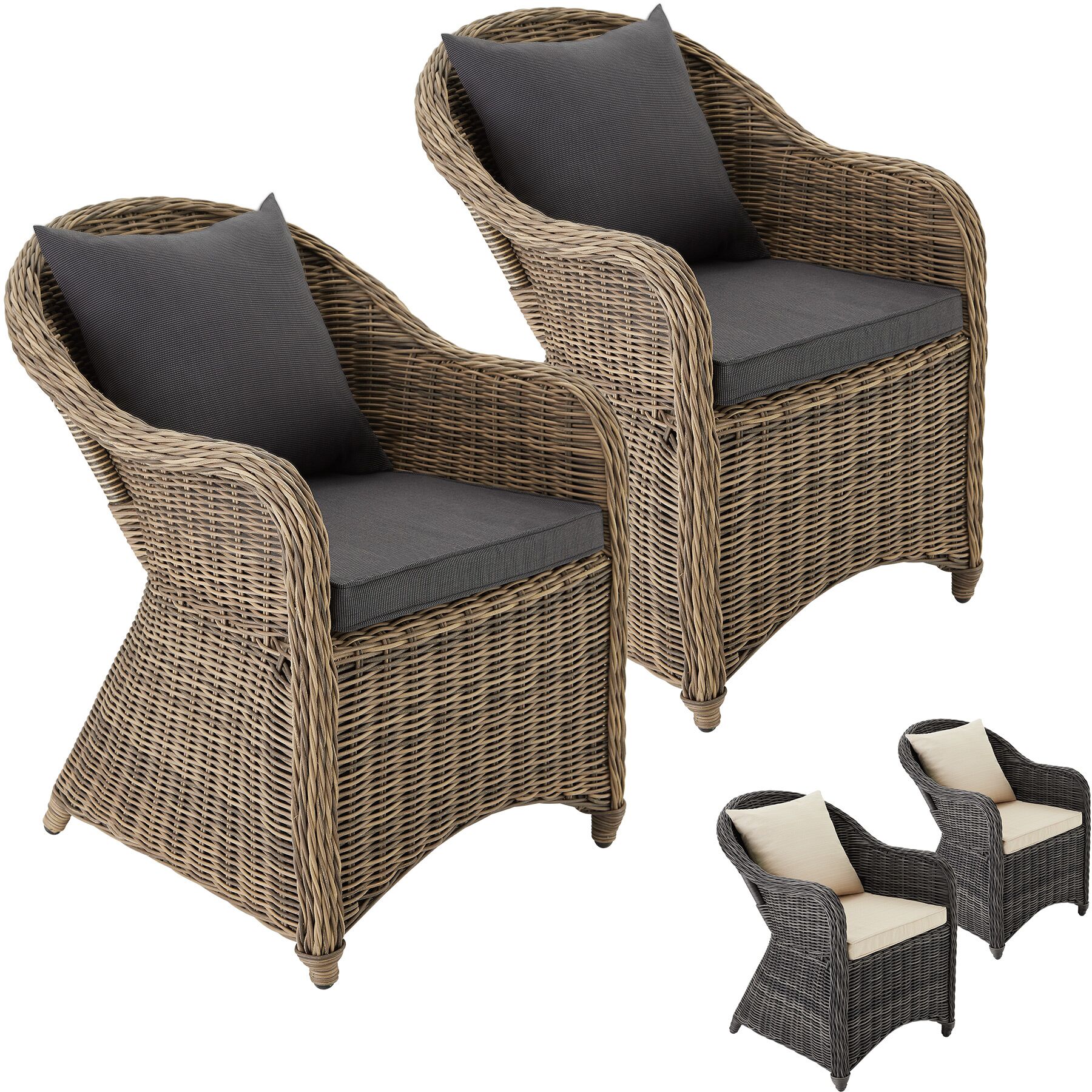 Gartenstuhl Polyrattan 2er Set Braun Korbsessel Gartenmöbel Korb Sessel + Kissen