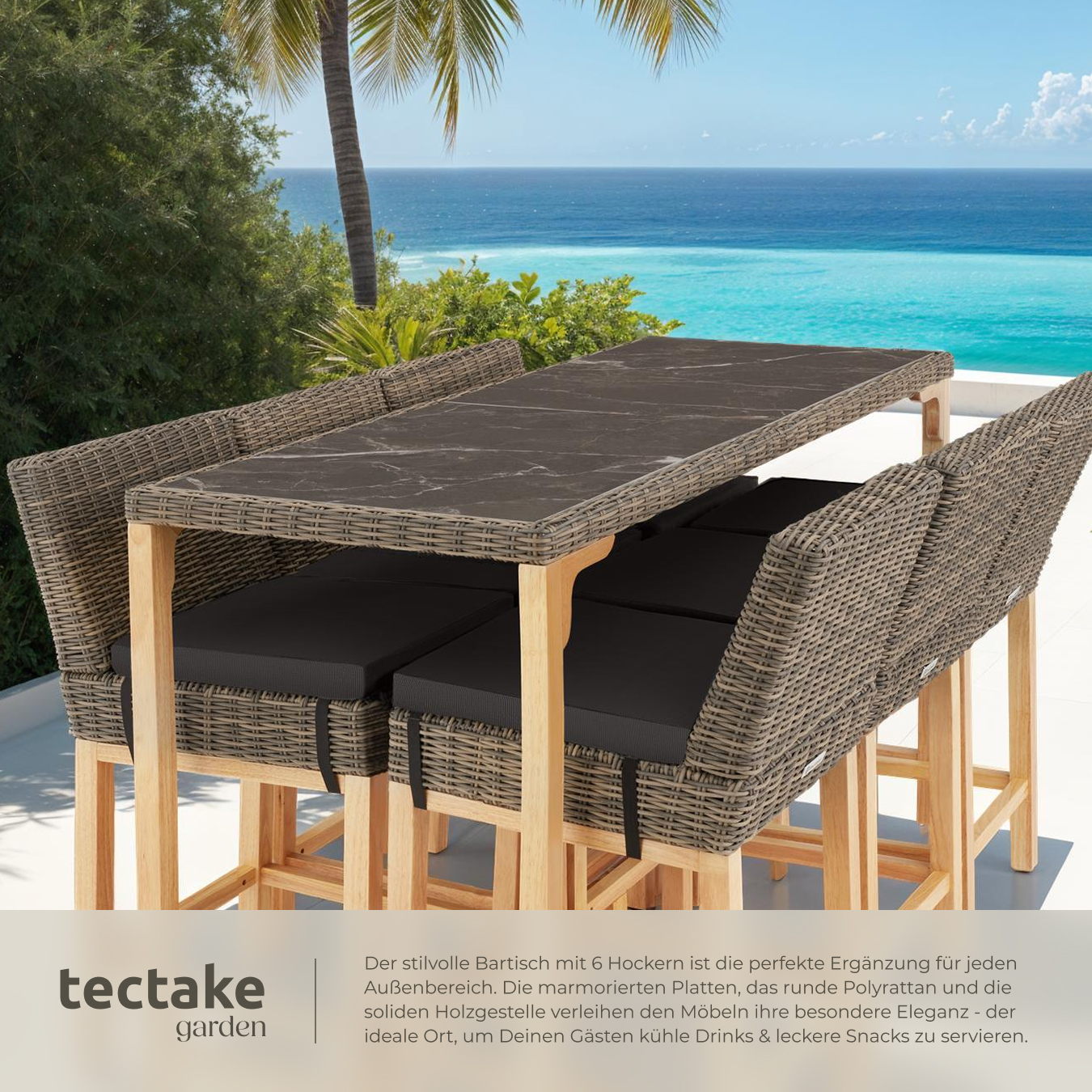 Alu Rattan Bartisch mit 6 Stühlen Barhocker Gartenbar Barset Marmor Optik Holz