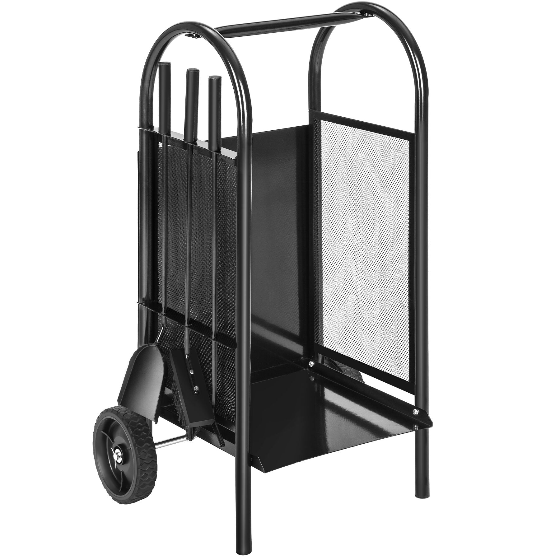 Log Holder - fireplace wood storage, with broom, shovel and poker - black
