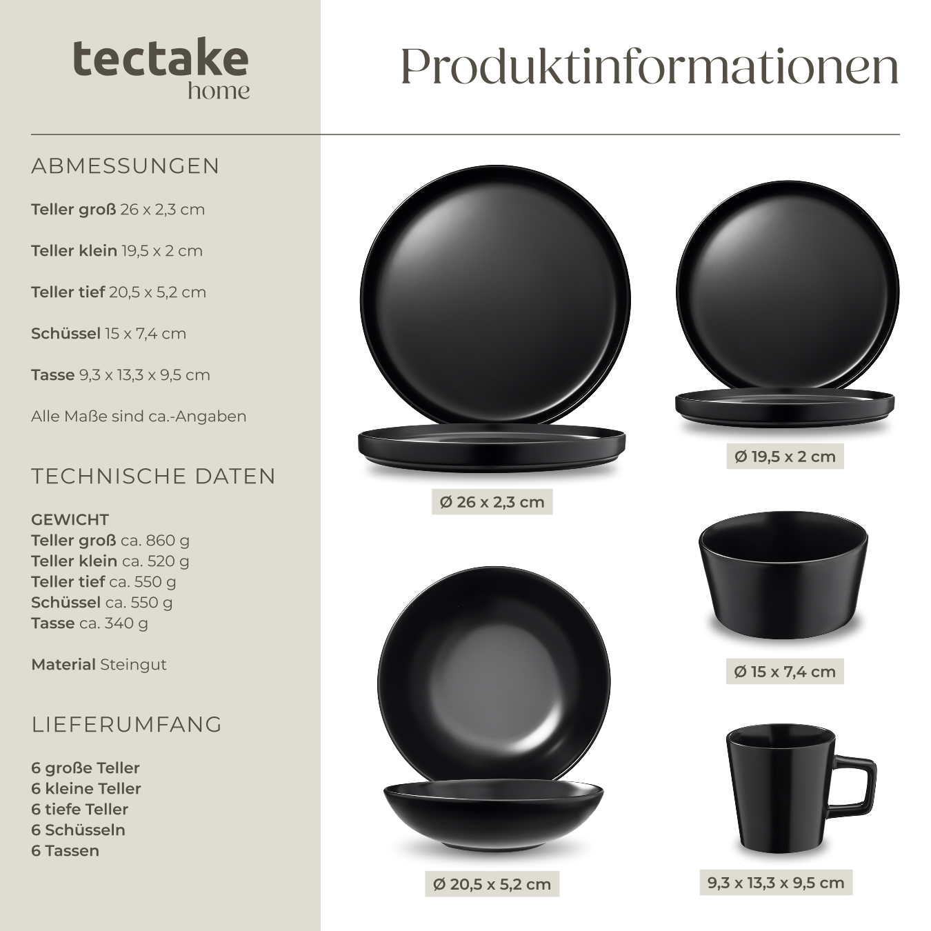 Geschirrset 6 Personen Tafelservice Steingut Essgeschirr Kombiservice Dinner-Set