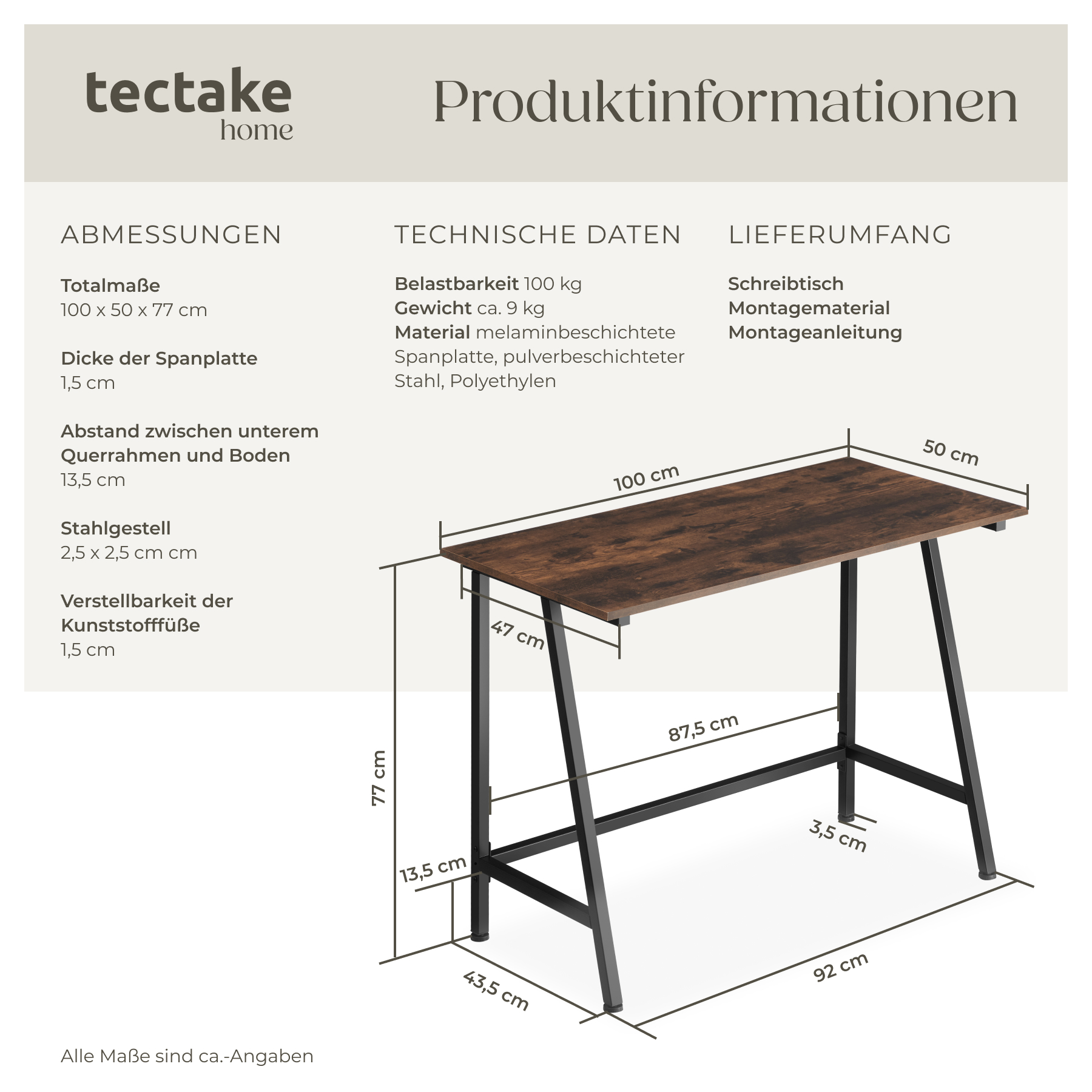 Schreibtisch Bürotisch PC Tisch klein Industrial Design Holz Metall 100 x 50 cm
