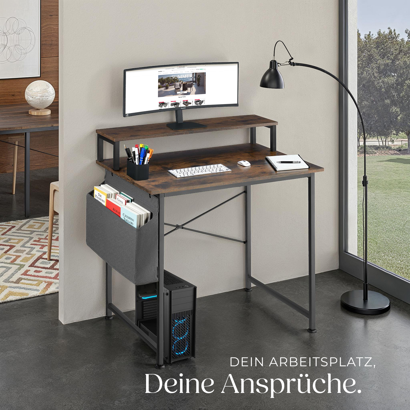 Schreibtisch Computertisch Bürotisch mit Tasche Holz Metall Industrie 80120 cm
