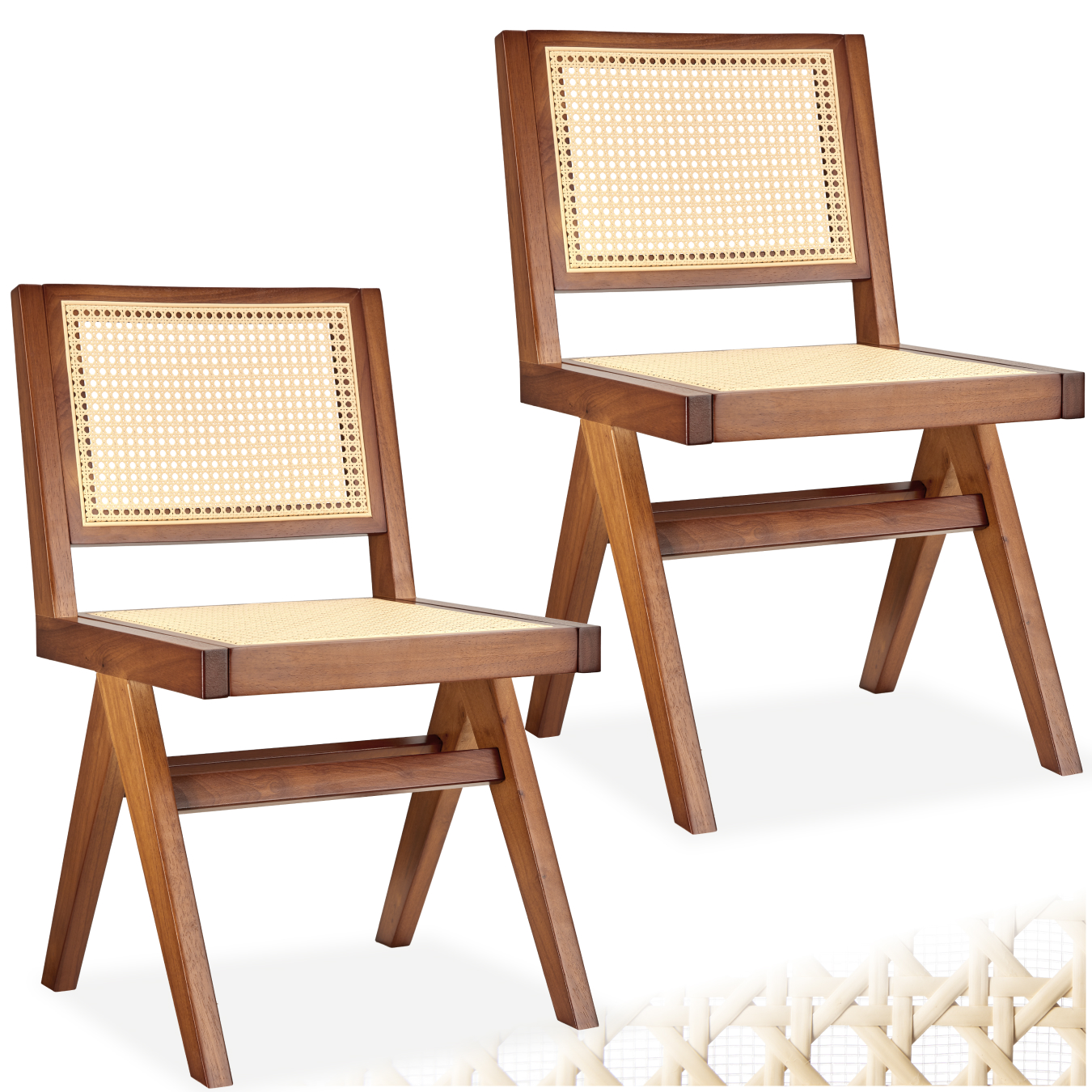 Accent Chair Lizzy with Mid-Century Modern Design, Rattan Backrest and Solid Wood Frame - Dark oak, Set of 2 | tectake