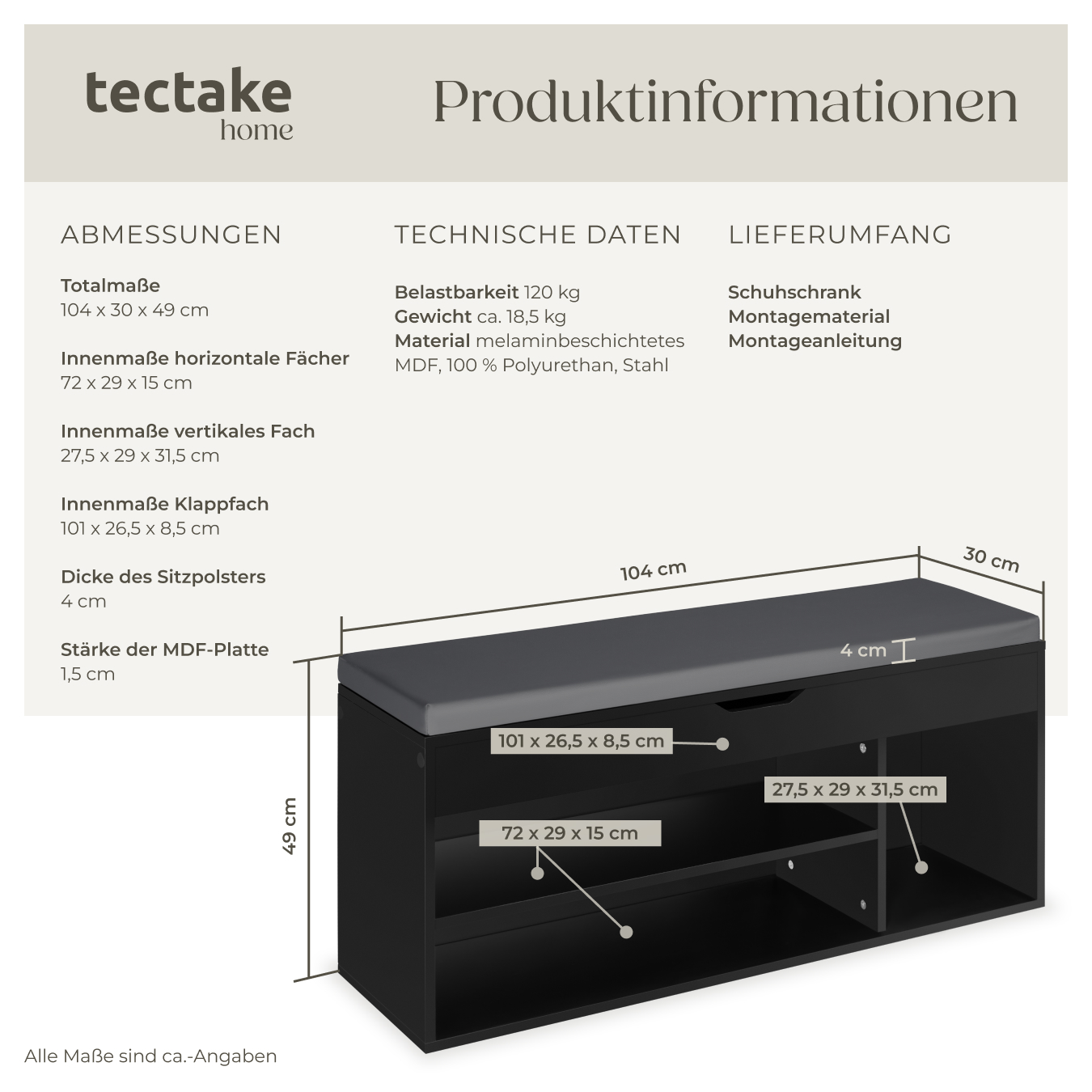 Schuhbank mit Sitzkissen Holz Schuhschrank Schuhregal Sitzfläche Klappfach 104cm - Bild 19 von 37