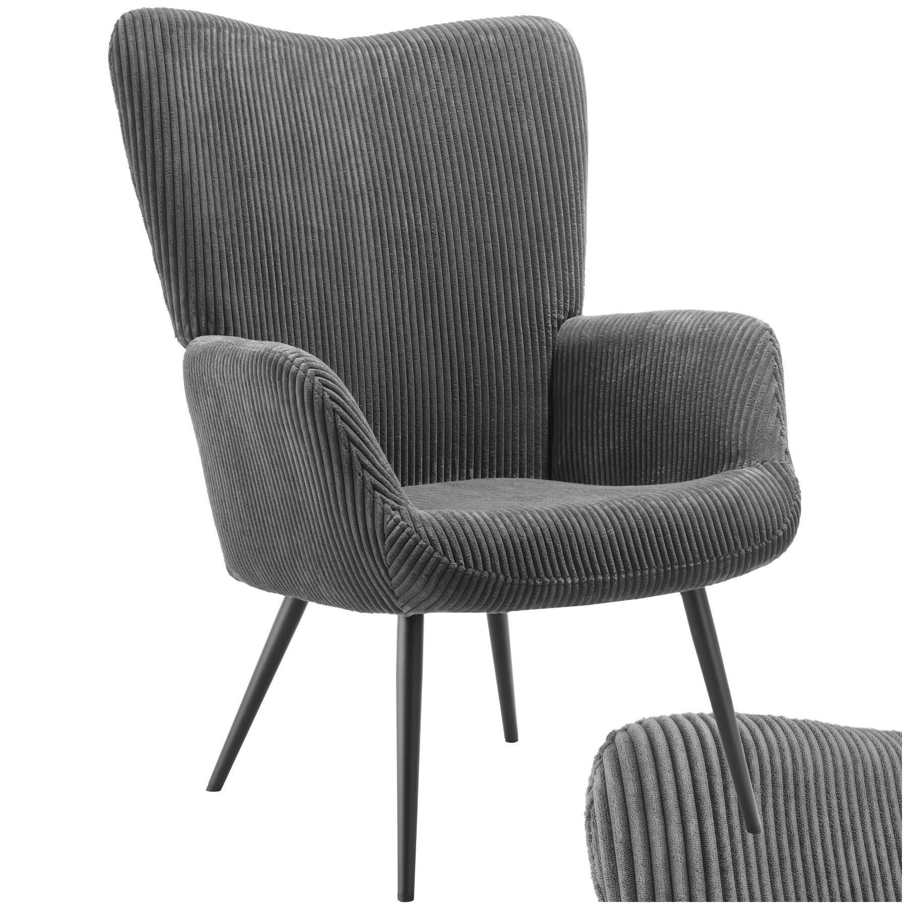 Sessel Hygge gepolstert, ergonomisch, Belastbarkeit 150 kg - ohne Hocker, Breitcord anthrazit/schwarz