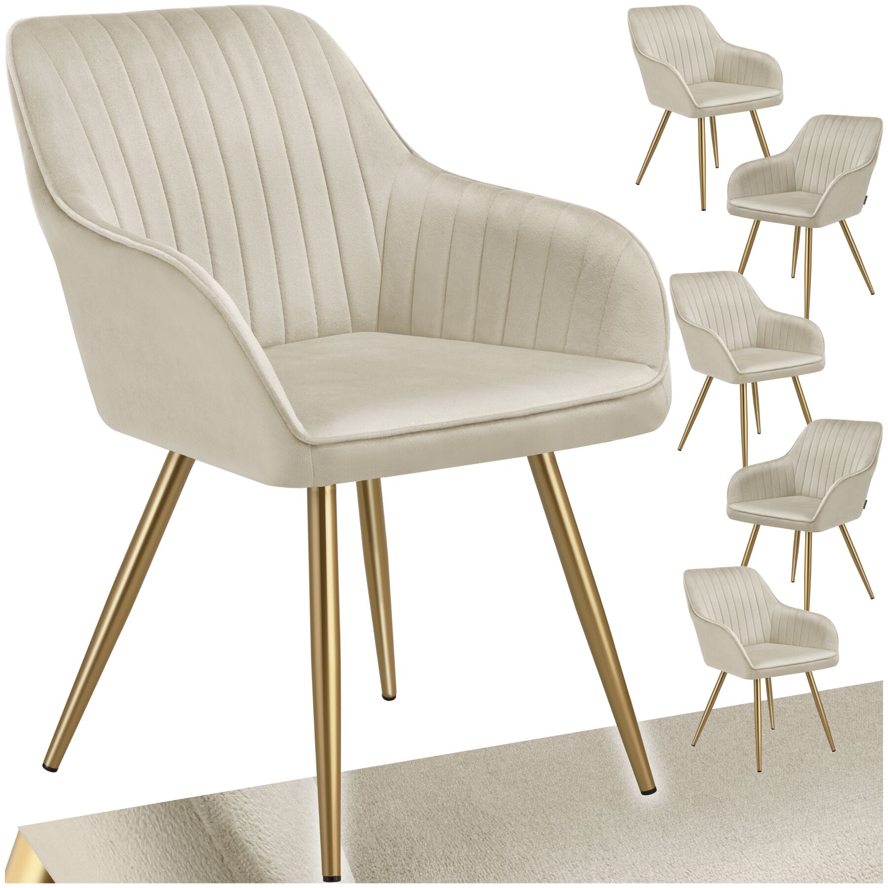 Dining Chair Marilyn - quilted velvet, continuous backrest, gold steel legs - cream/gold, Set of 6 | tectake