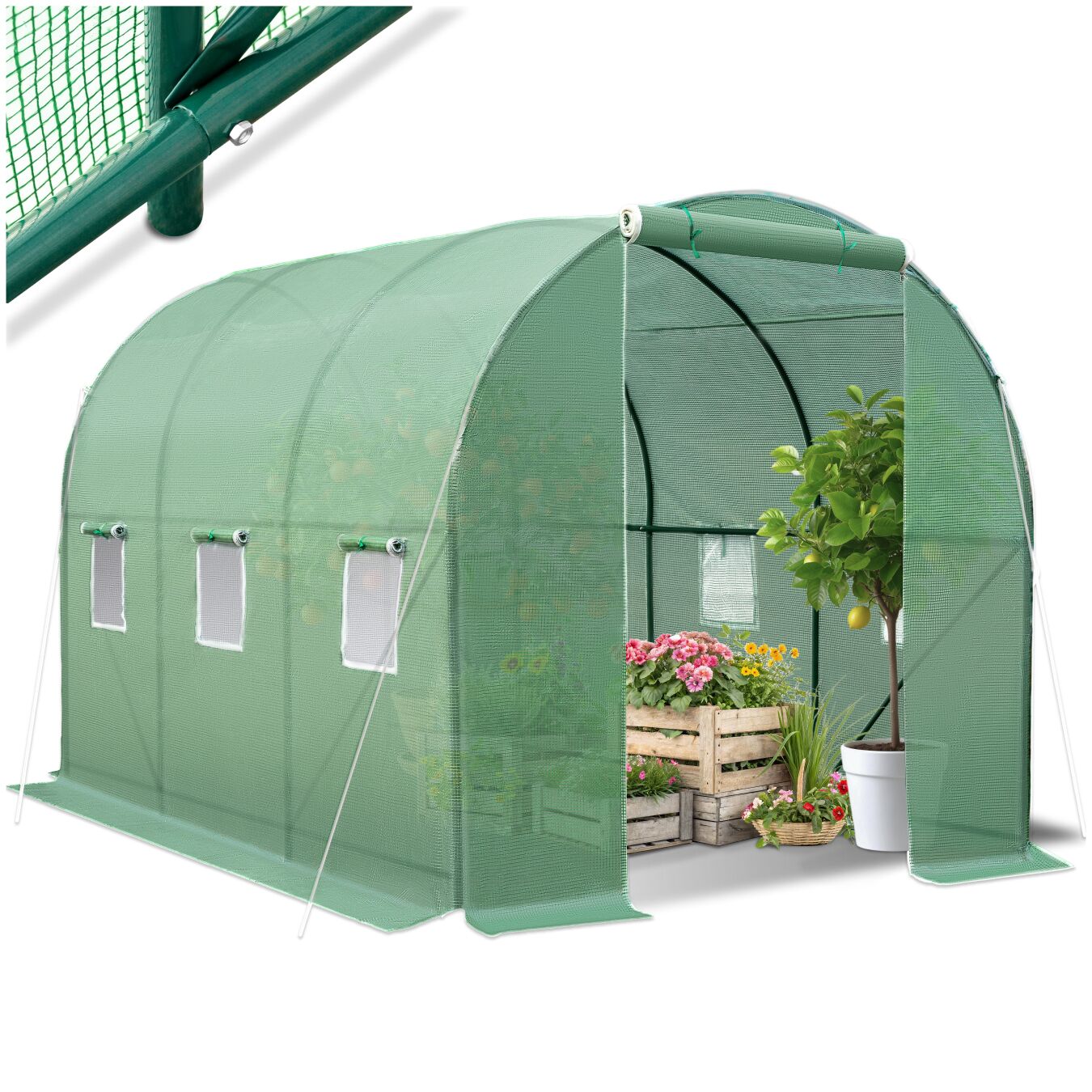 Foliengewächshaus in Tunnelform mit 6 Fenstern 343x200x200cm - grün