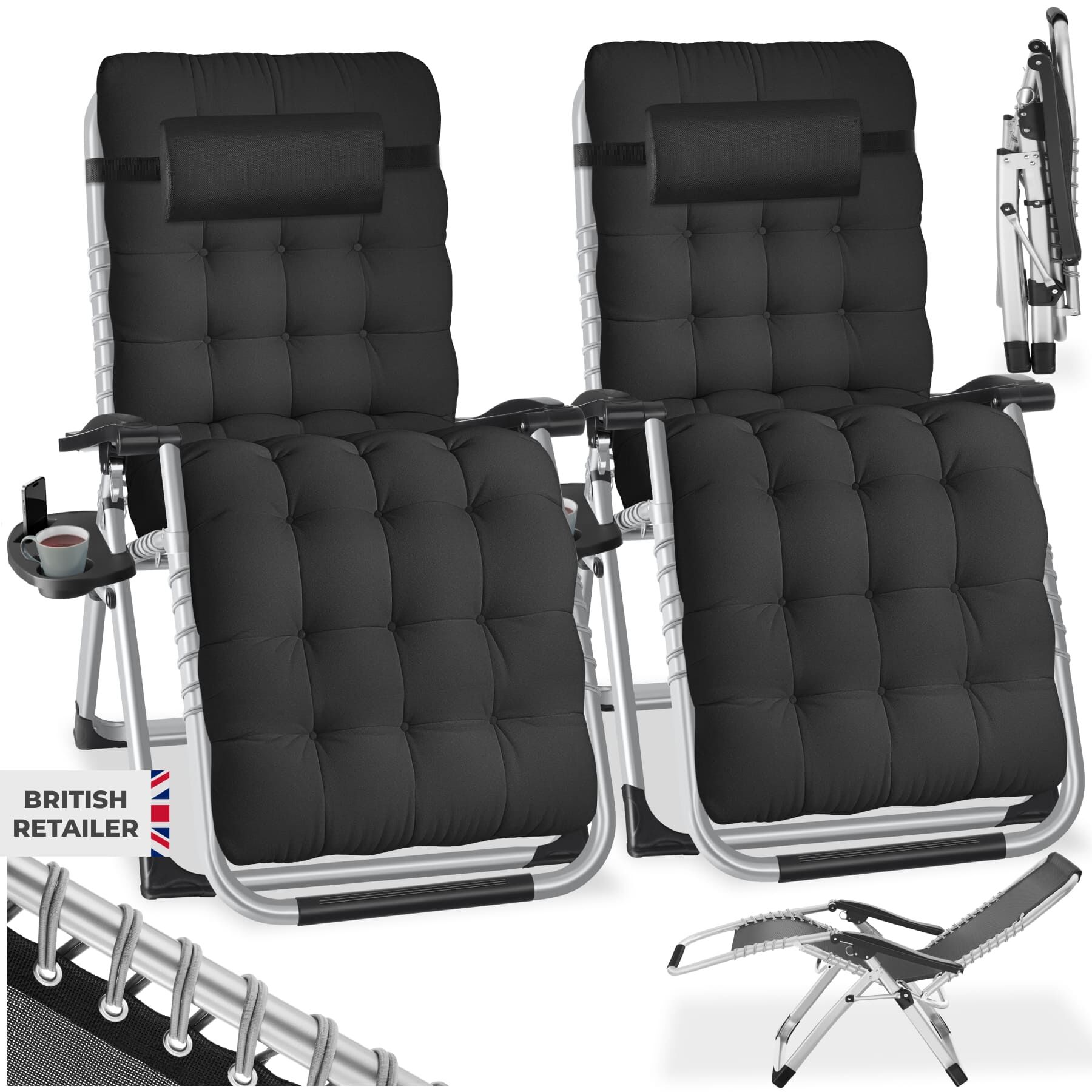 Sun Lounger Cloud - folding, adjustable backrest and footrest - black, Set of 2 | tectake