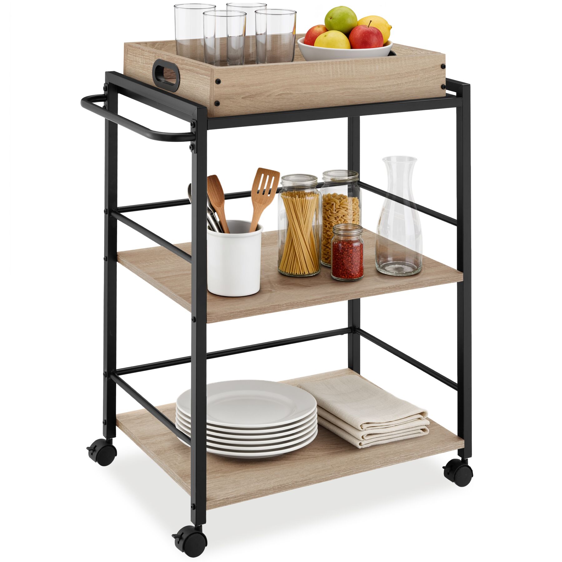 Chariot de service Worcester 65x41,5x87cm - Bois clair industriel, Chêne Sonoma | tectake