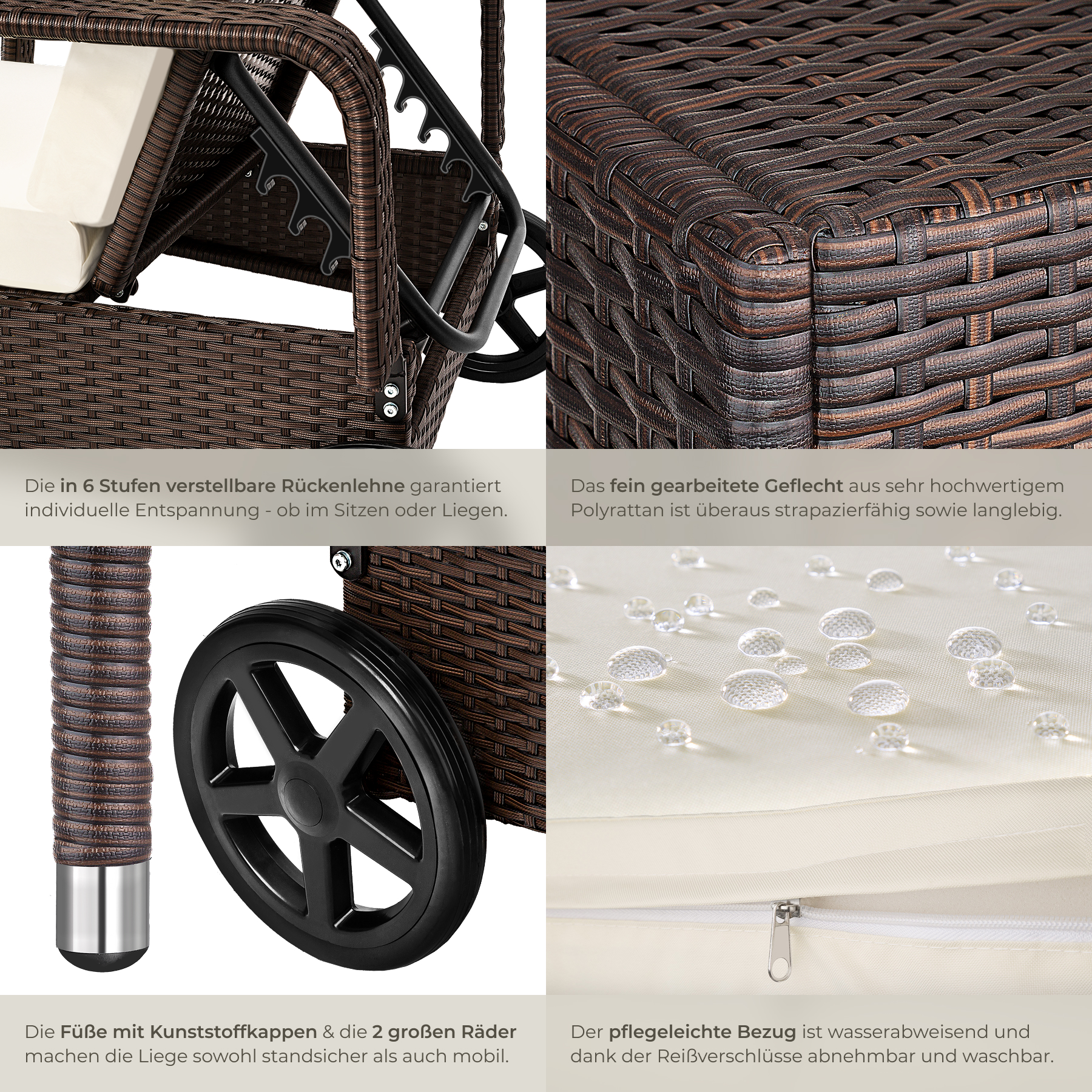 Sonnenliege klappbar Gartenliege Polyrattan Liegestuhl Strandliege robust 200 cm - Bild 90 von 145