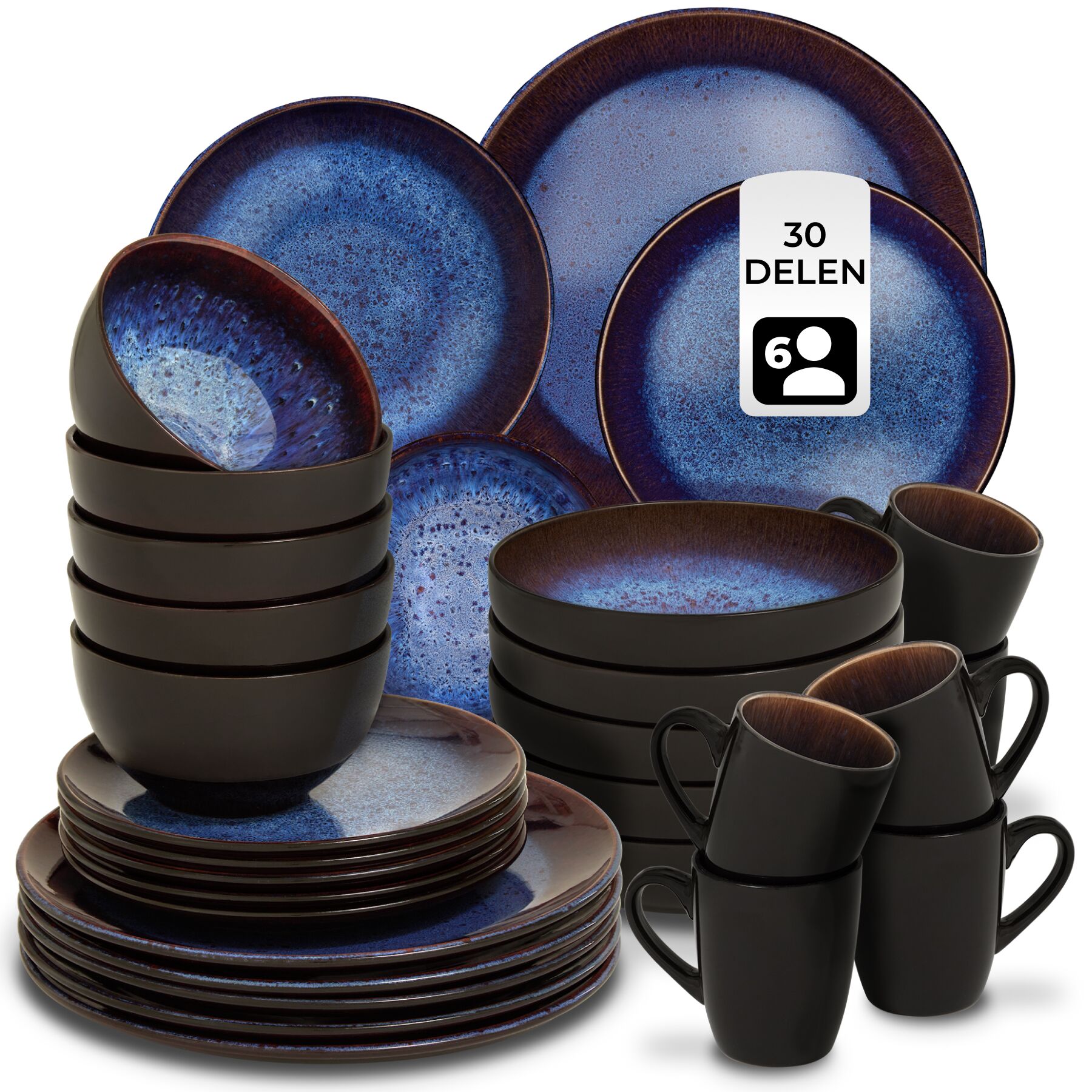 Serviesset Mare van aardewerk, voor 6 personen - 30 delig, blauw/bruin | tectake