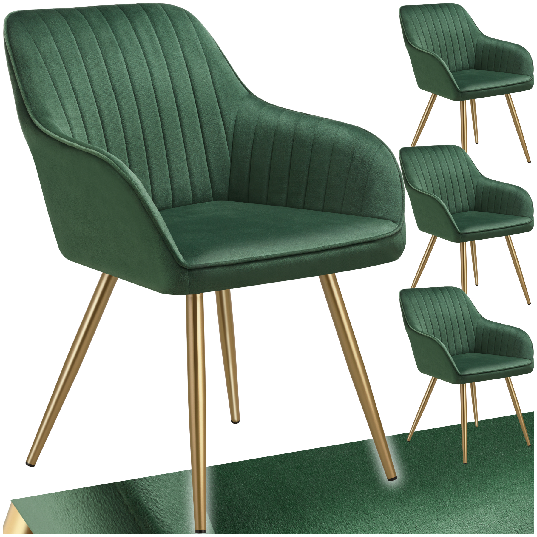 Chaise MARILYN en velours matelassé - vert foncé/or, Lot de 4 de tectake