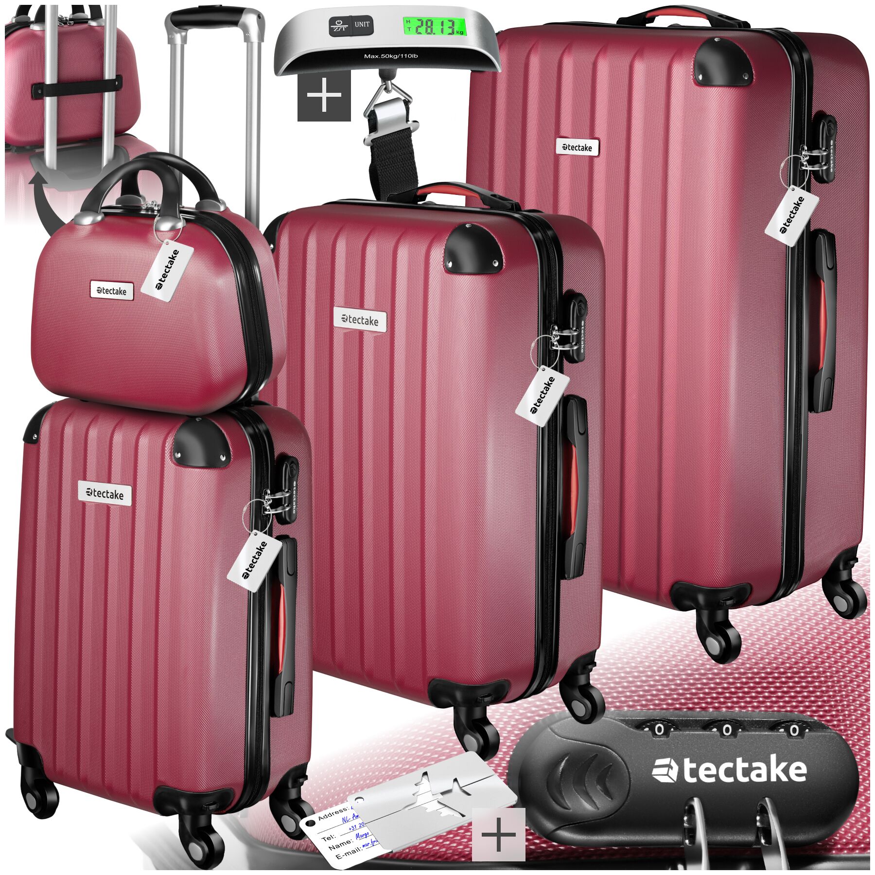 Suitcase Set Cleo - 3 suitcases, 1 beauty case, including luggage scales and tags - burgundy | tectake