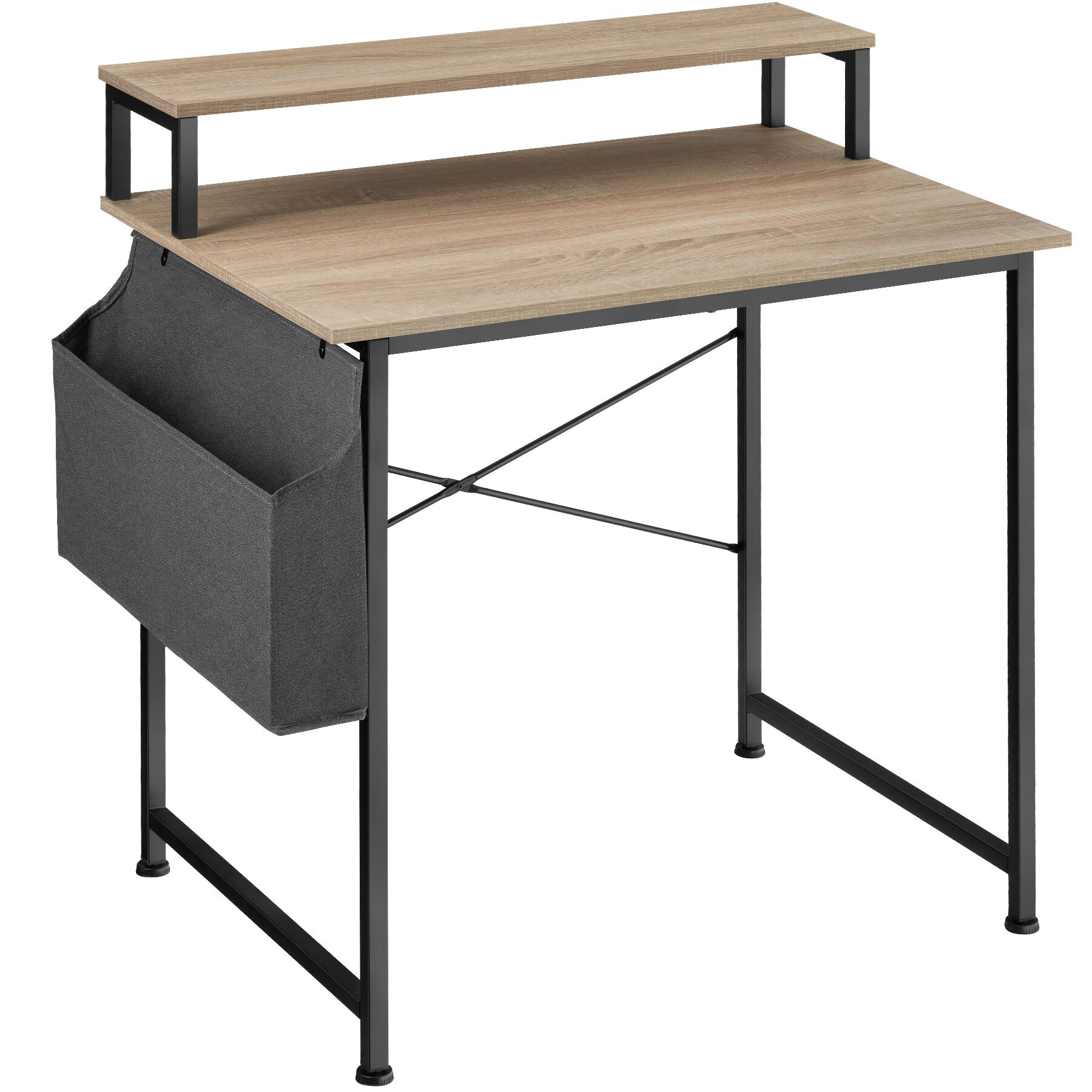 Desk - with shelving and fabric storage bag - industrial wood light, oak Sonoma, 80 cm