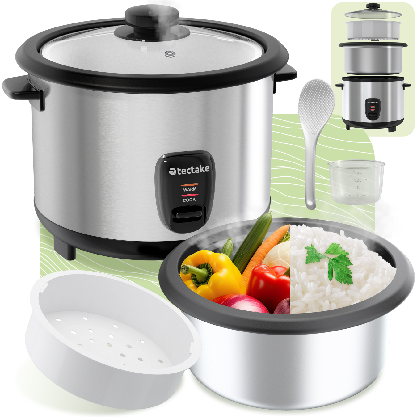 Reiskocher mit Dampfgareinsatz, 1,8 l, Warmhaltefunktion - silber