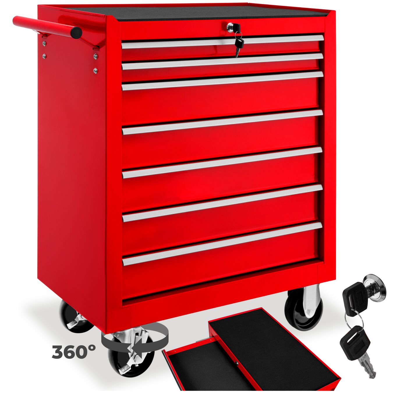 Tool Chest - 7 drawers, 4 wheels, central locking - red
