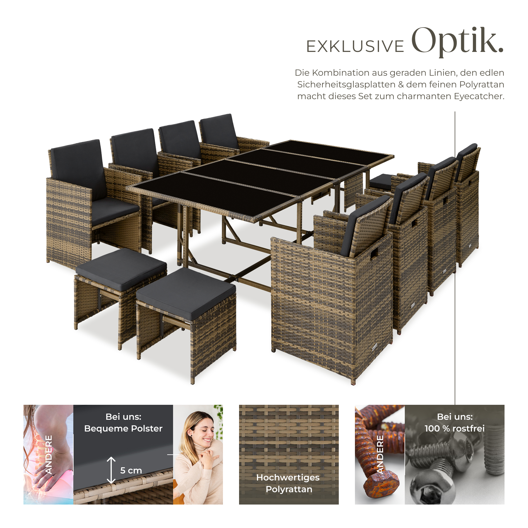 Poly Rattan Sitzgarnitur Gartenmöbel Garnitur Lounge mit 8 Stühlen Tisch Hocker