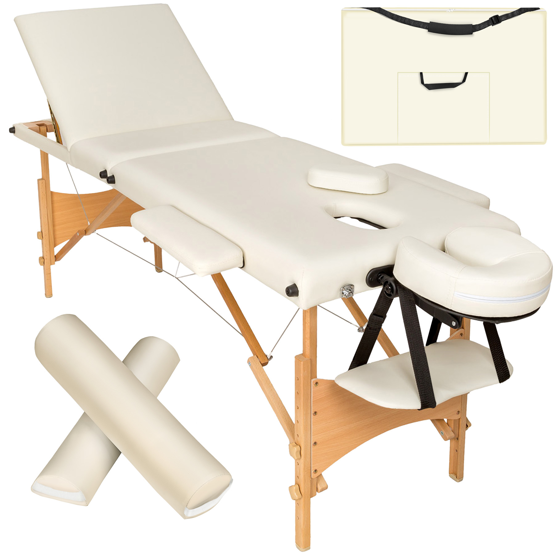 3 Zonen Massageliege-Set Daniel mit Polsterung, Rollen und Holzgestell - beige