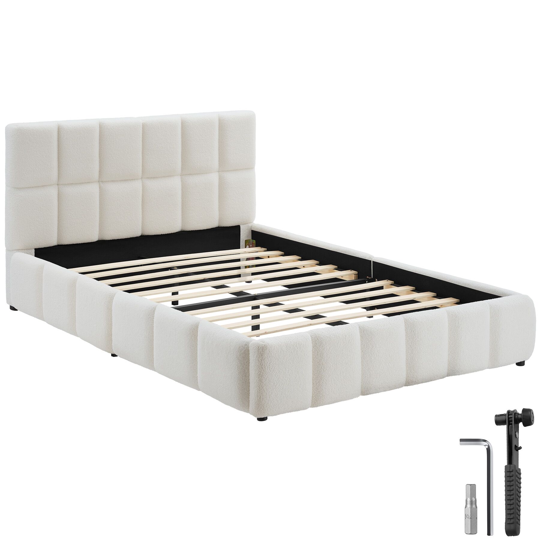 Shirley Upholstered Bed with Slatted Frame, Weight Capacity 250 kg - Teddy Cream | tectake
