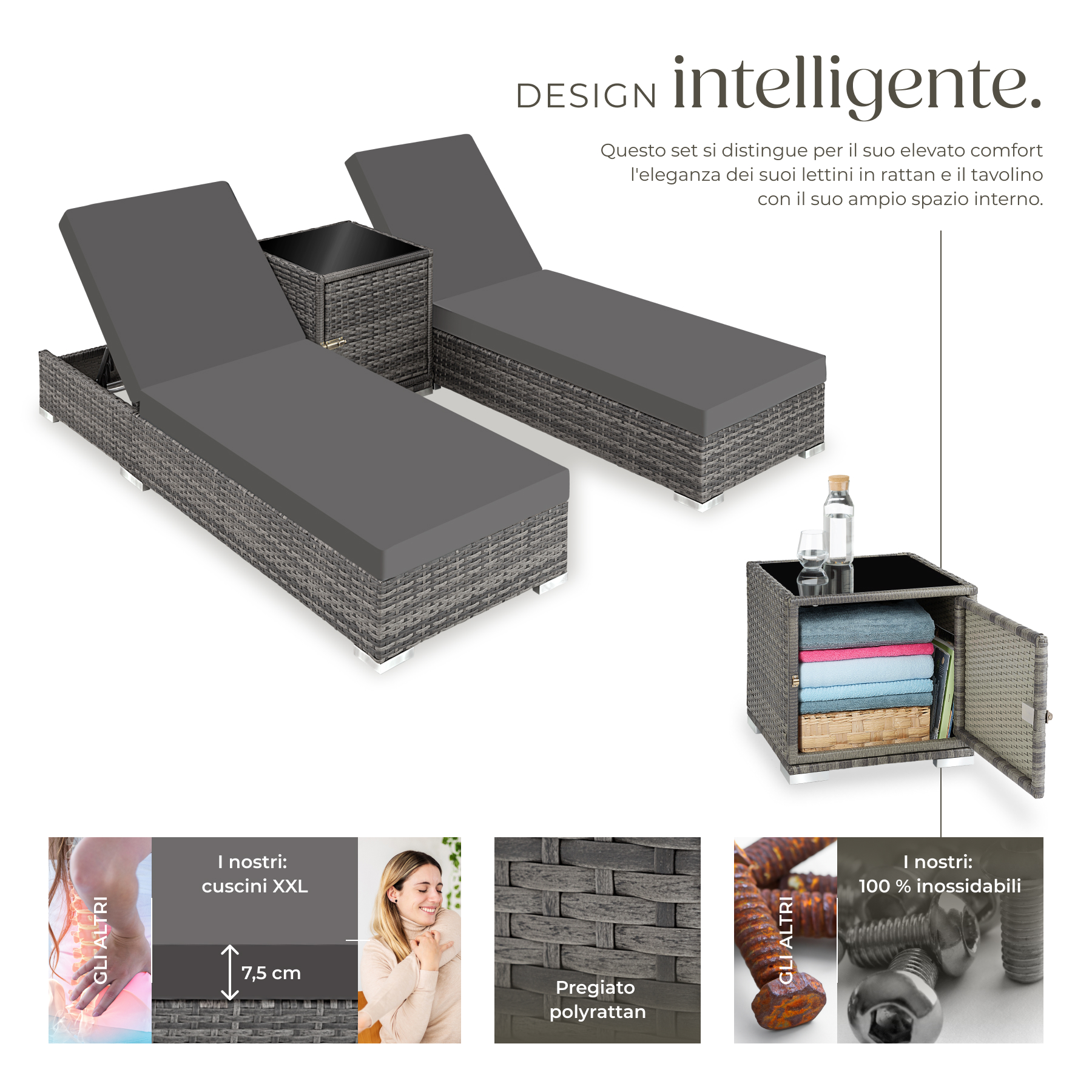 2 x sdraio in polyrattan + tavolo alluminio giardino rattan lettino mobili telo - Foto 34 di 67