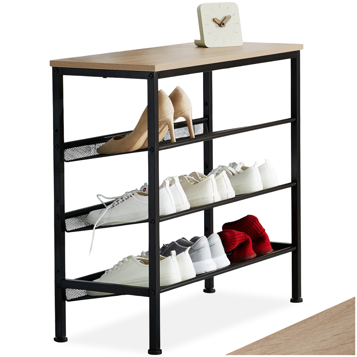 Schuhregal, Industrial Style, Holz und Stahl, Ablage und 3 Gitterablagen - industrial light