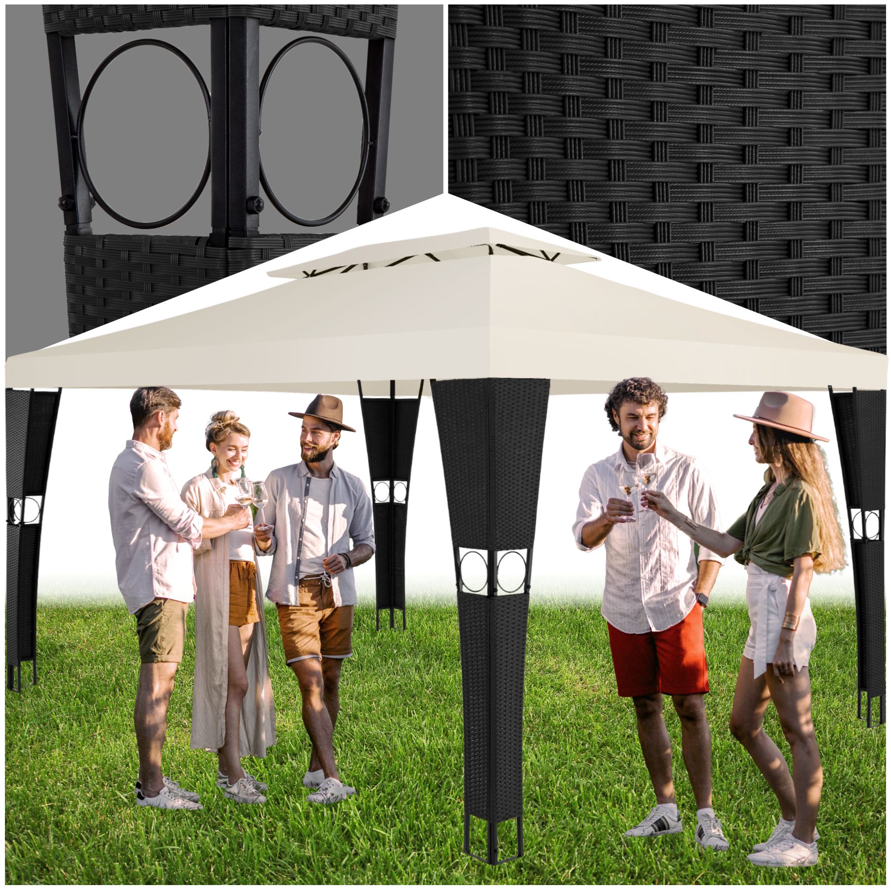 Rattan Garten Pavillon Mona 3x4m - schwarz/creme von tectake