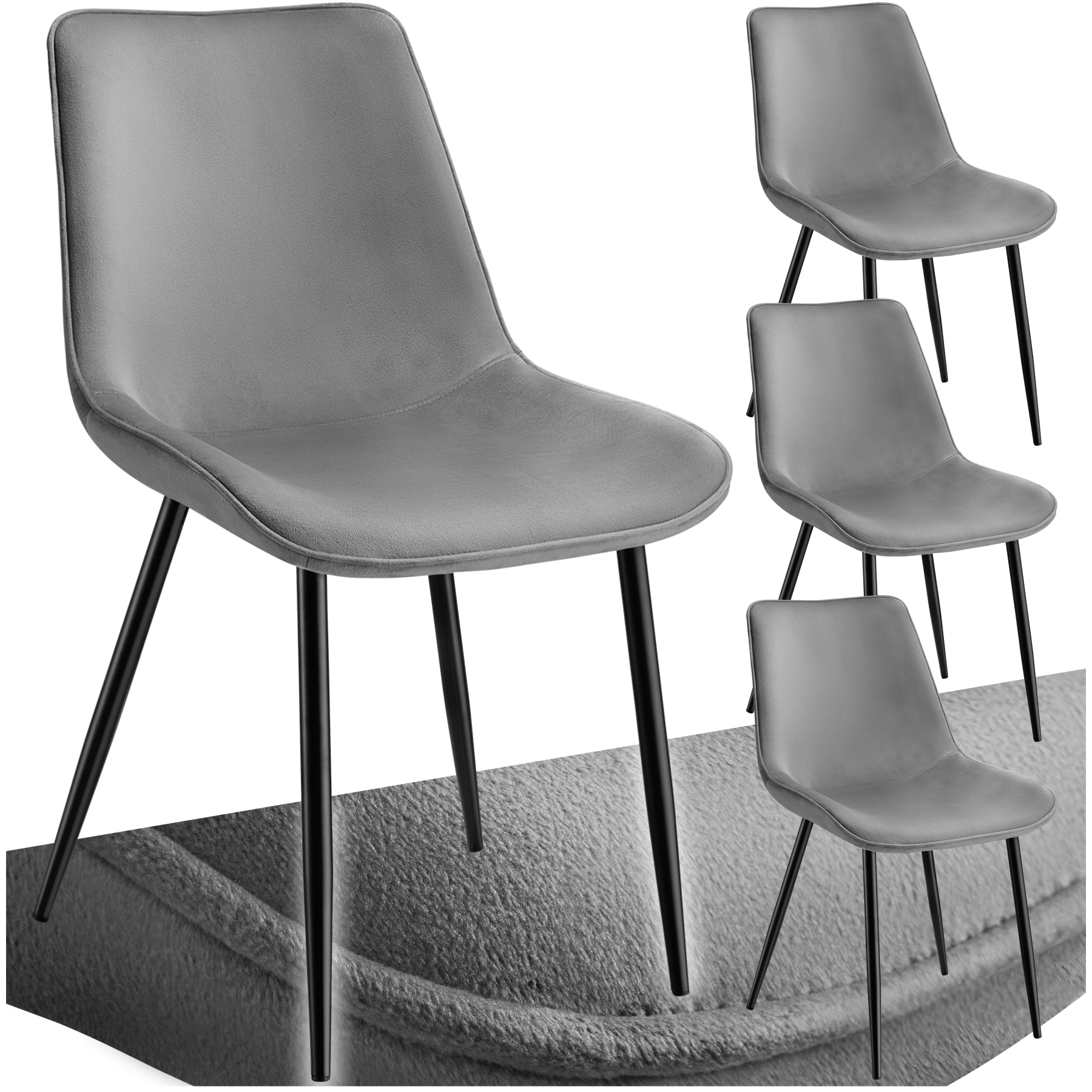 Dining Chair Monroe - padded, velvet look, ergonomic seat, black steel legs - grey, Set of 4 | tectake