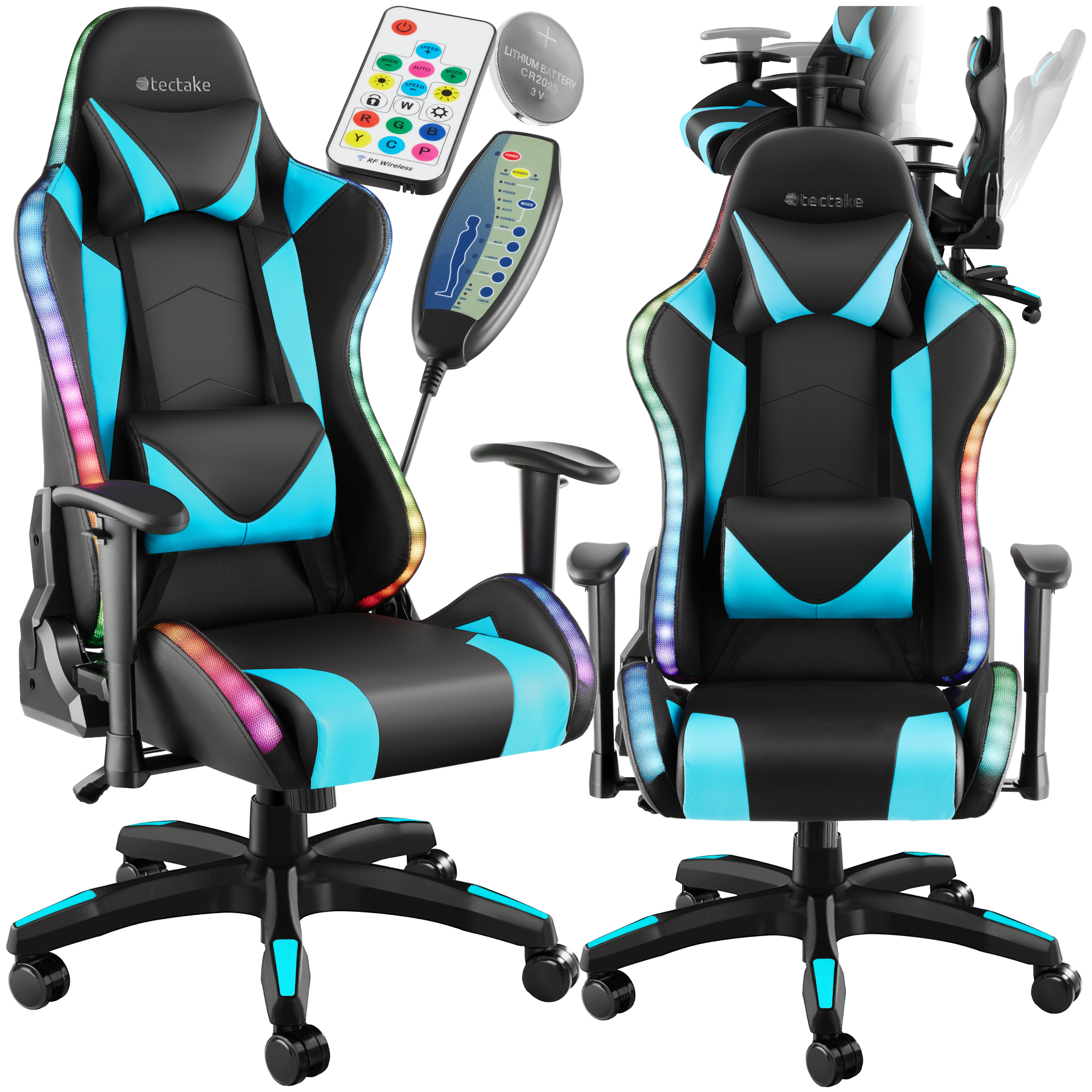 Silla de gaming TARTAROS, LED, función de masaje - negro/celeste | tectake