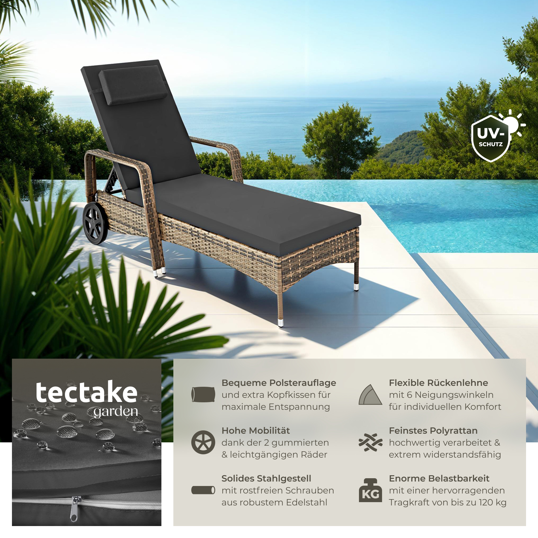 Sonnenliege klappbar Gartenliege Polyrattan Liegestuhl Strandliege robust 200 cm - Bild 123 von 145