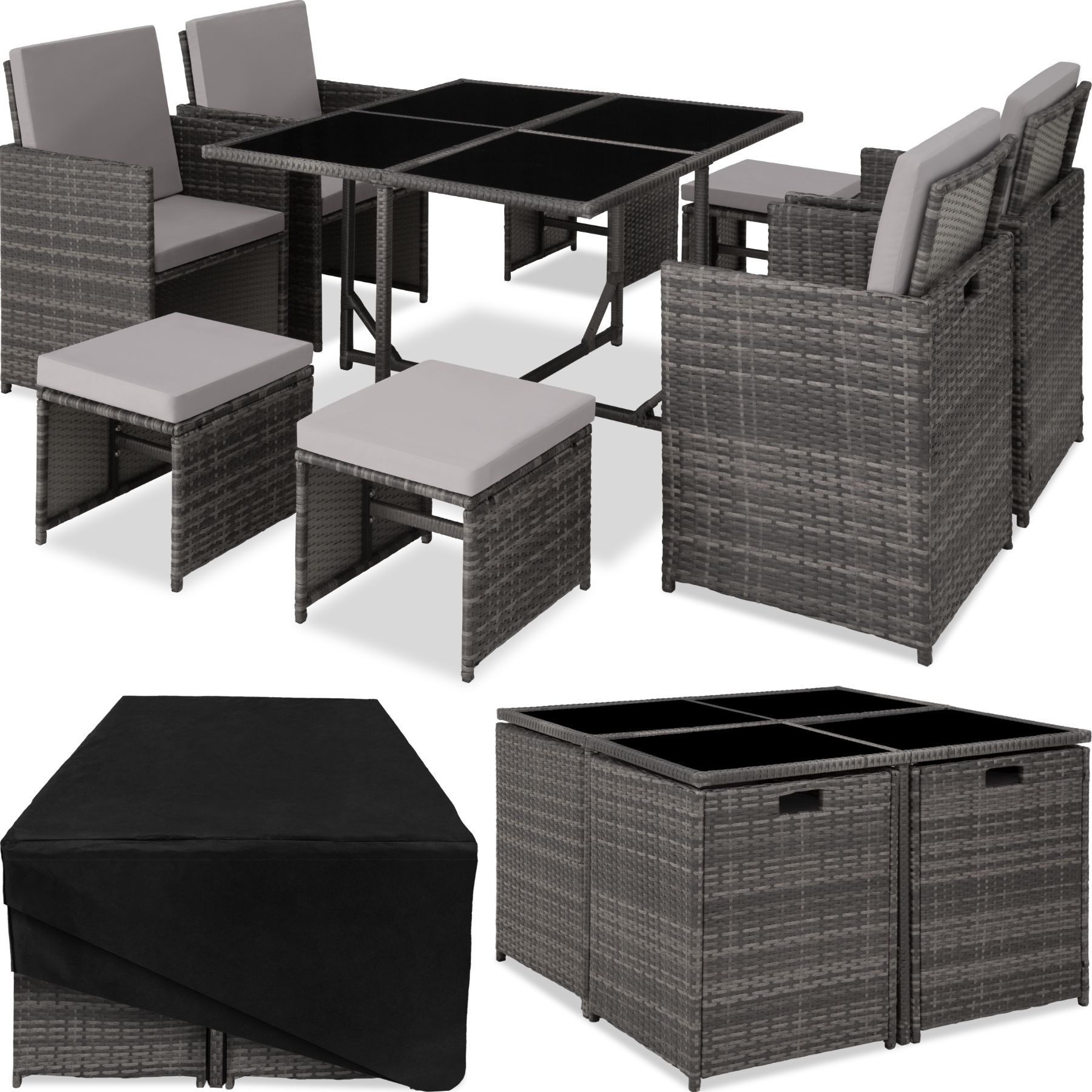Conjunto de rattan BILBAO, 4 + 4 + 1 com capa protetora - cinzento | tectake