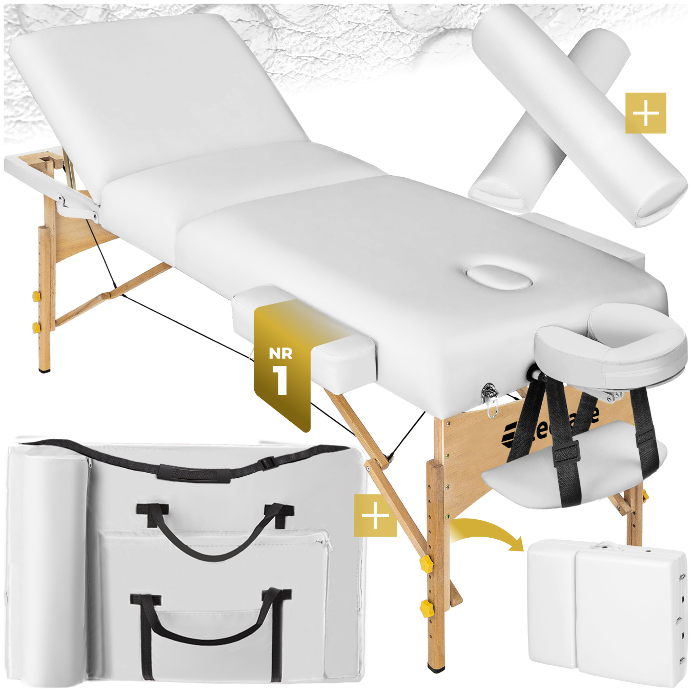 3 Zonen Massageliege-Set Somwang mit 7,5cm Polsterung, Rollen und Holzgestell - weiß