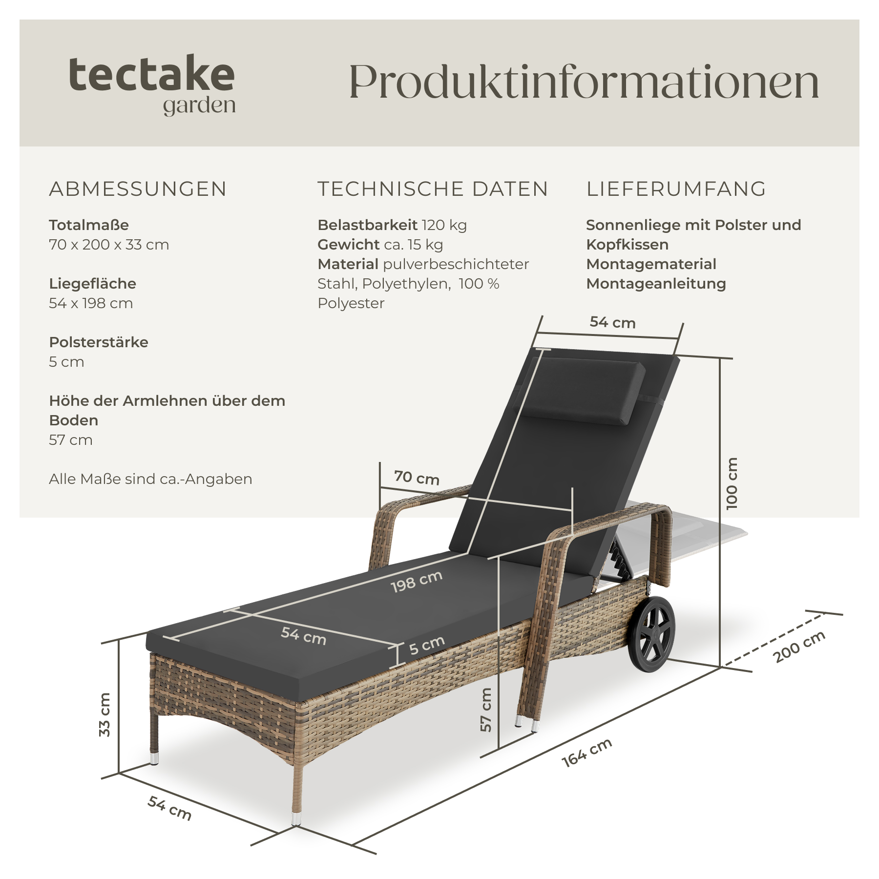 Sonnenliege klappbar Gartenliege Polyrattan Liegestuhl Strandliege robust 200 cm