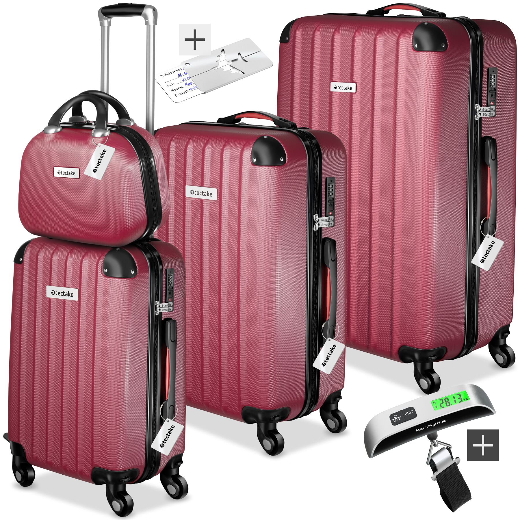 Set de valises rigides Cleo 4 pièces avec pèse-valise - rouge bordeaux | tectake