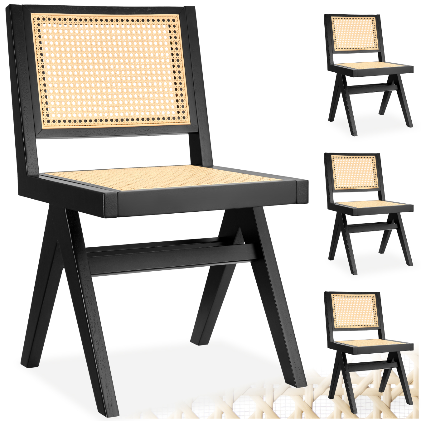 Accent Chair Lizzy with Mid-Century Modern Design, Rattan Backrest and Solid Wood Frame - black, Set of 4 | tectake