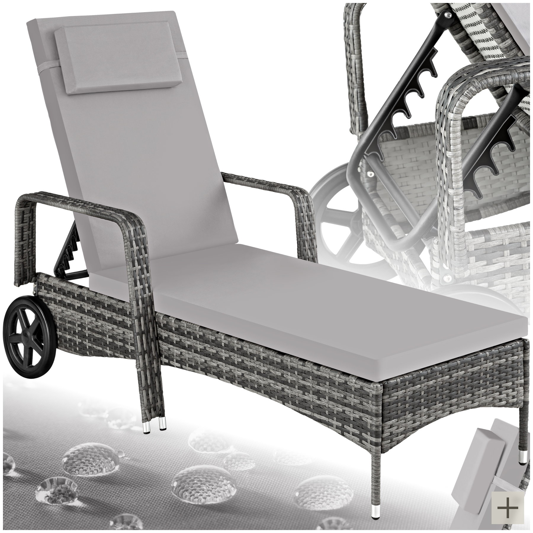 Sonnenliege Rattan mit Rollen - grau/hellgrau - Rattanmöbel von tectake