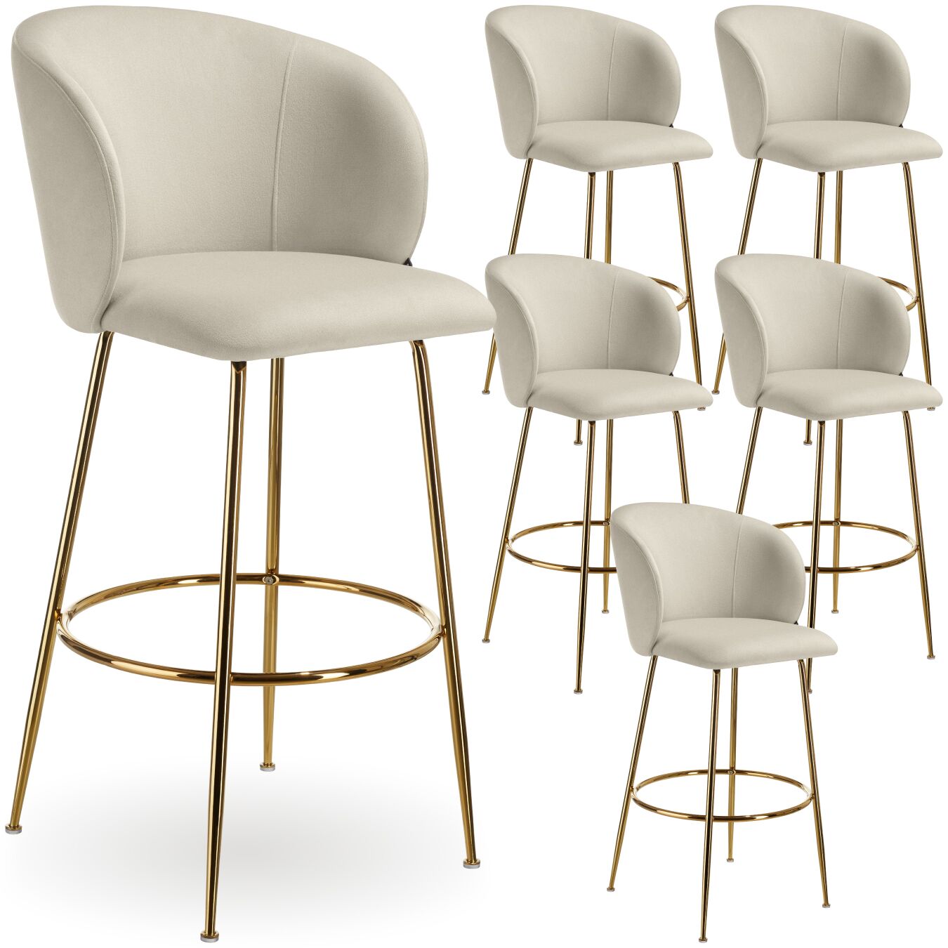 tectake - Bar Stool Luana - with backrest, velvet look and padded - cream/gold, Set of 6
