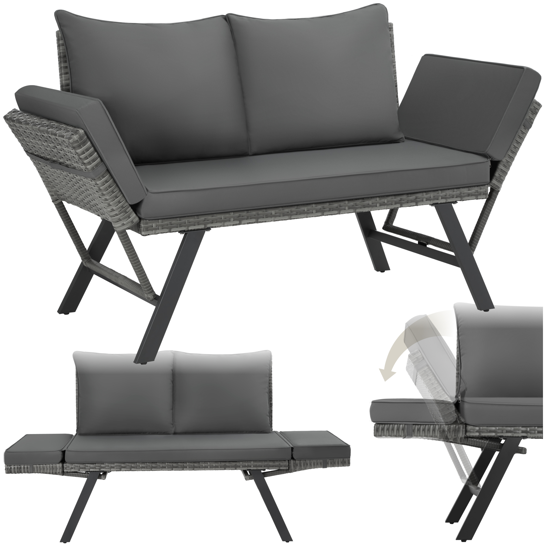 Canapé lounge en rotin SINTRA 2-en-1 - gris | tectake