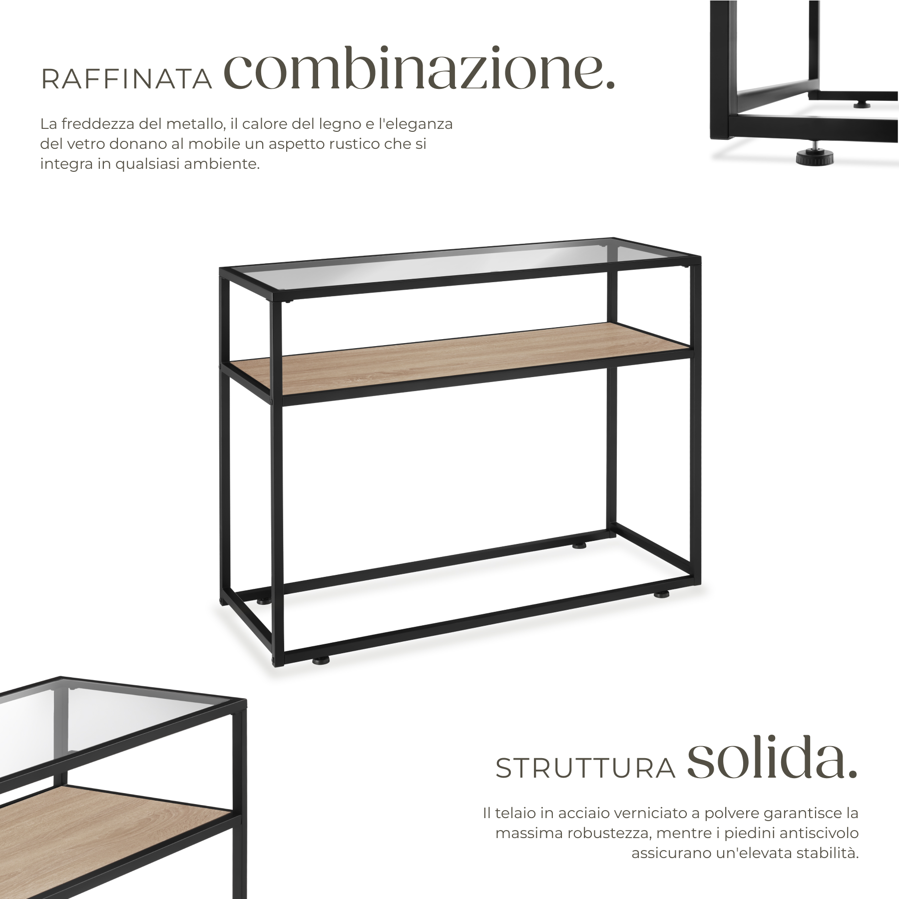 Tavolo console vetro corridoio tavolino appoggio 2 ripiani legno metallo - Foto 16 di 25