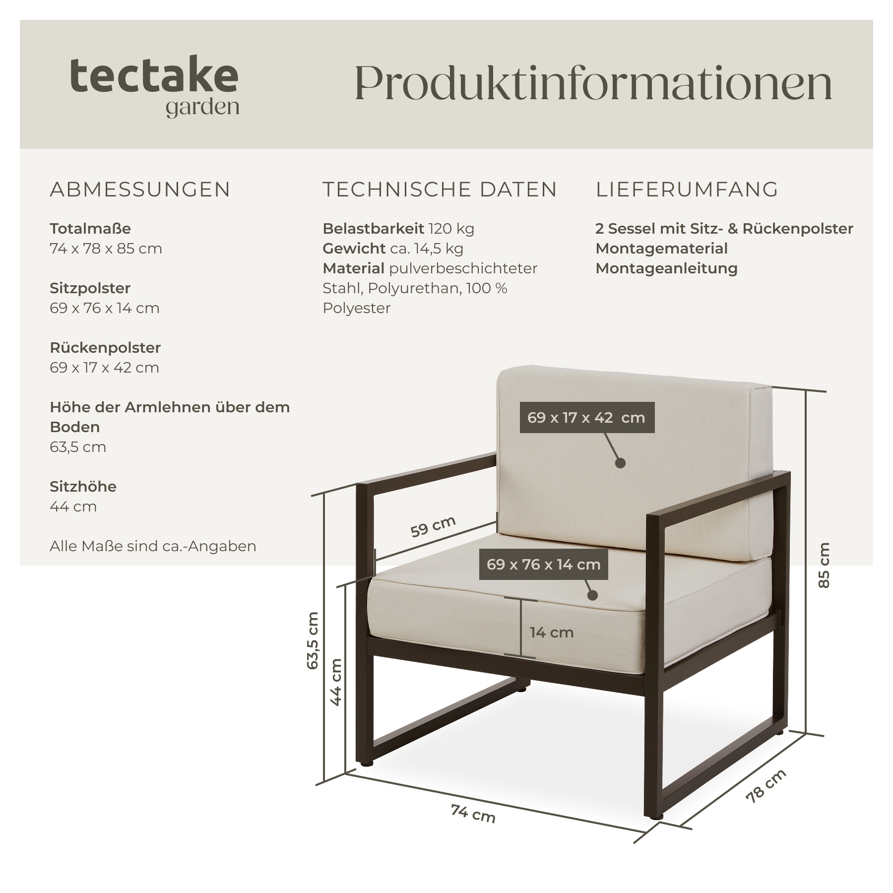 Garten-Loungesessel Gartensofa Gartenmöbel XXL-Polsterung wasserabweisend 120kg