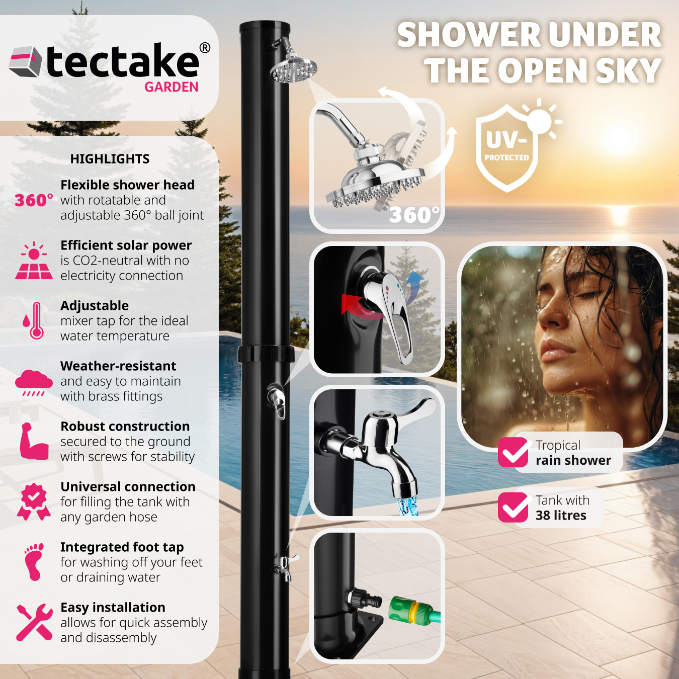 Solar shower 38 litre outdoor garden portable camping rain shower head - Picture 3 of 25