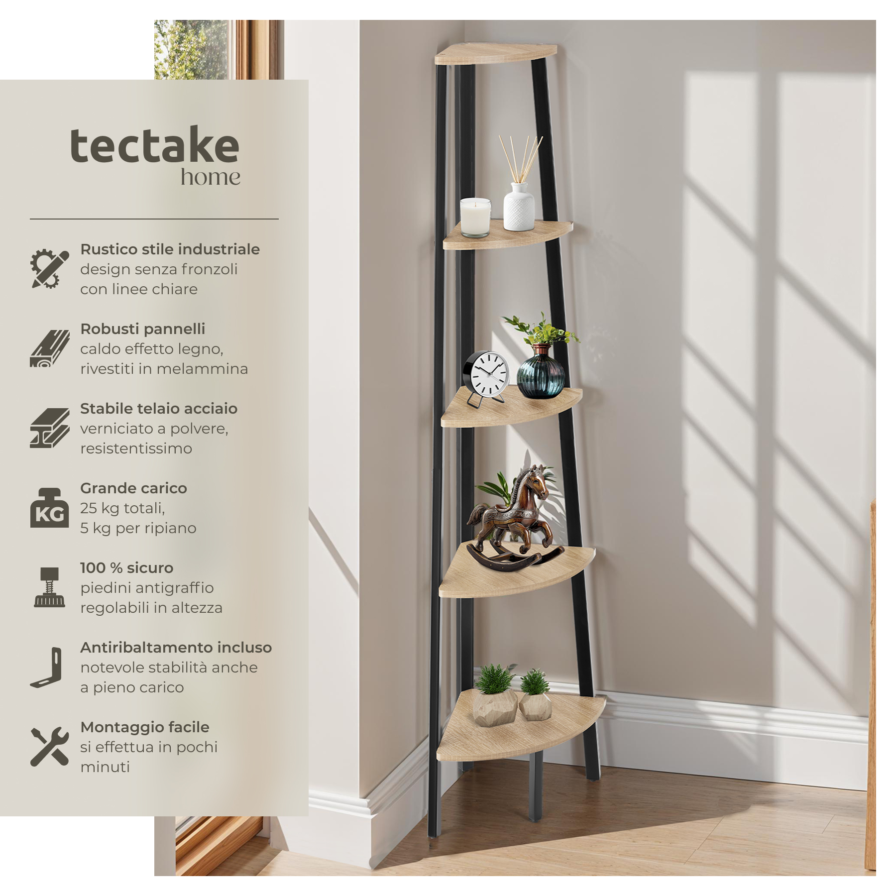 Scaffali angolo Portland stile industriale 5 ripiani libreria alta legno metallo - Foto 15 di 25