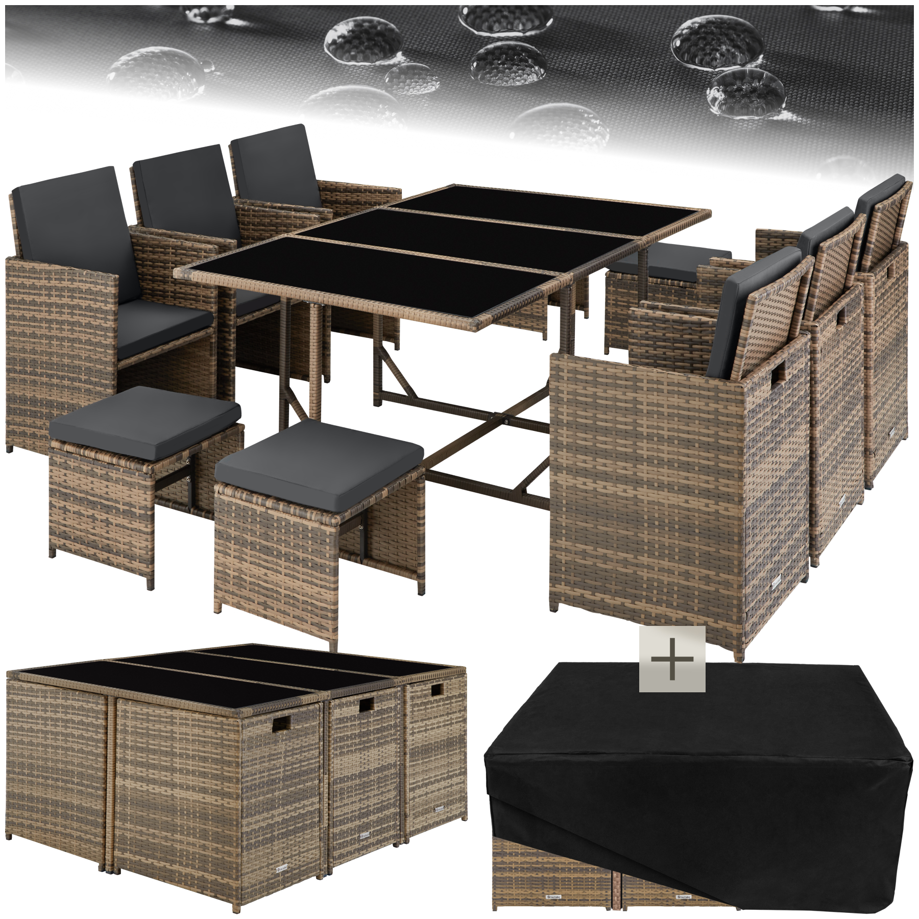 Rattan Sitzgruppe Malaga 6+4+1 mit Schutzhülle - natur - Rattanmöbel von tectake