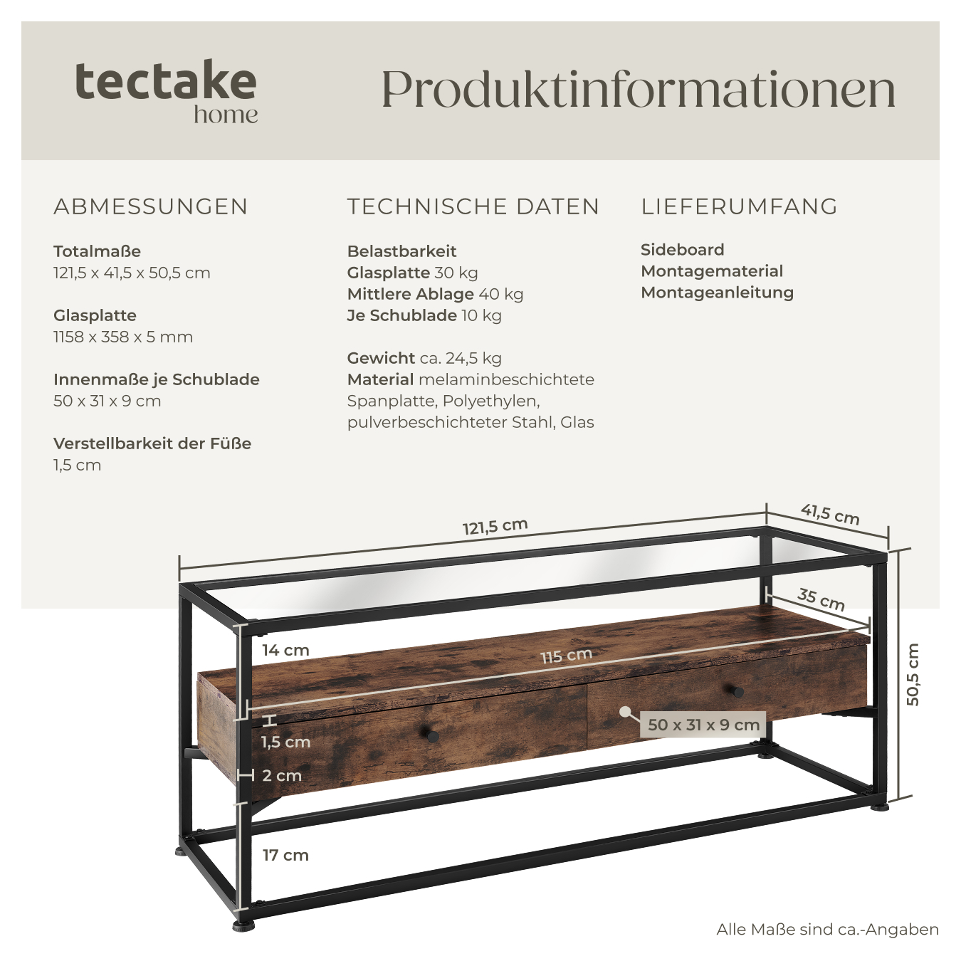 Lowboard Sideboard TV-Regal Fernsehtisch 2 Schubladen Glas Holz Metall Industrie