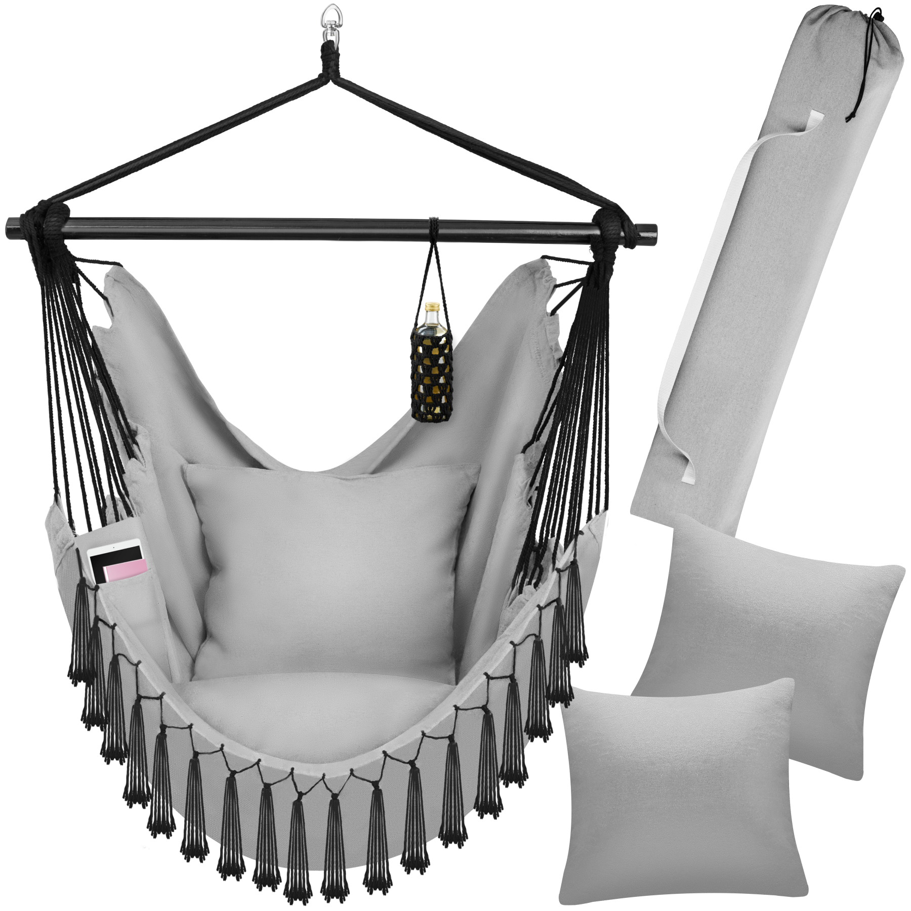 tectake - Poltrona sospesa Malika, stile bohemien, carico massimo 150kg - grigio