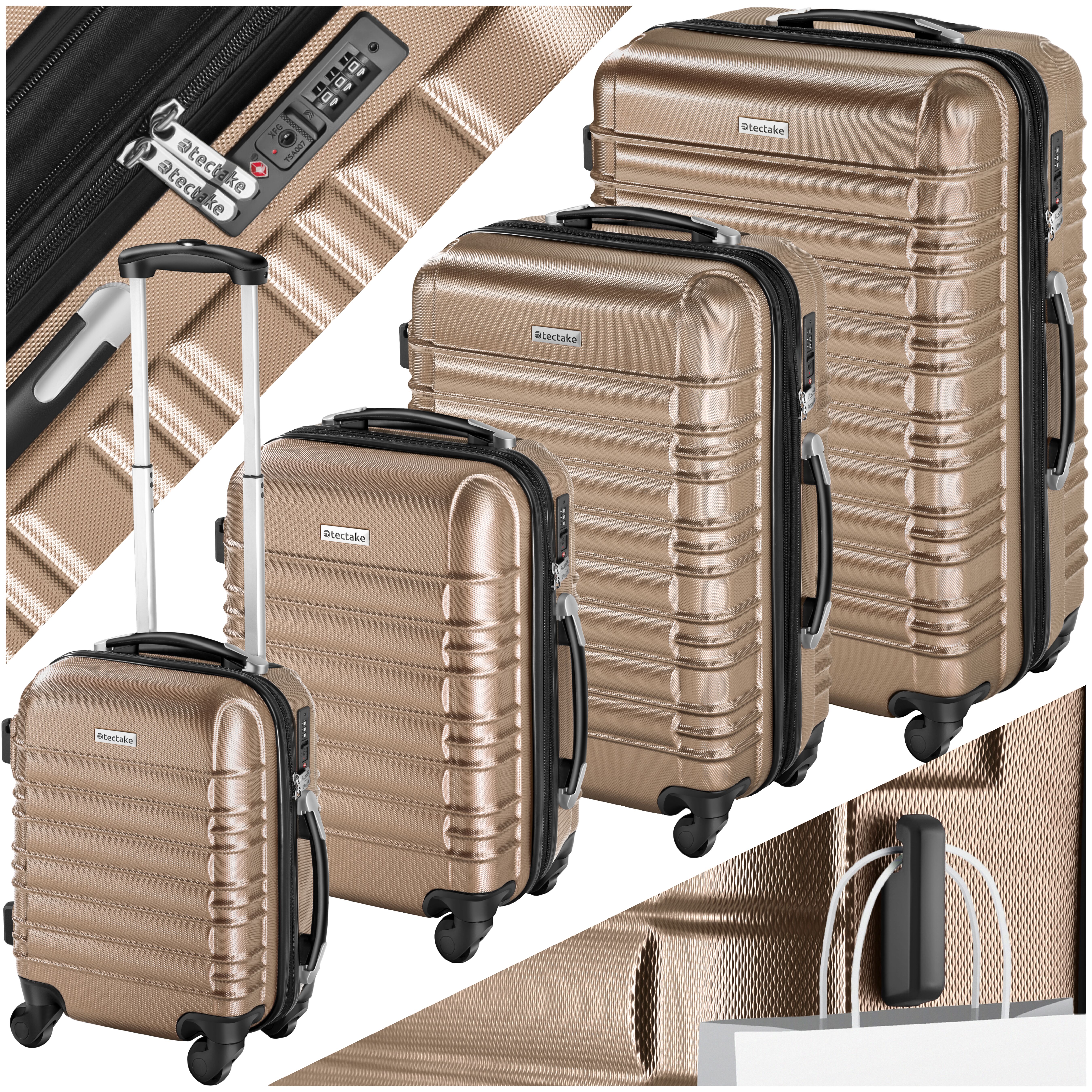 Hartschalenkoffer-Set, 4-teilig aus robustem ABS-Kunststoff, mit Teleskopgriff, 360° drehbare abnehmbare Rollen - champagne | tectake
