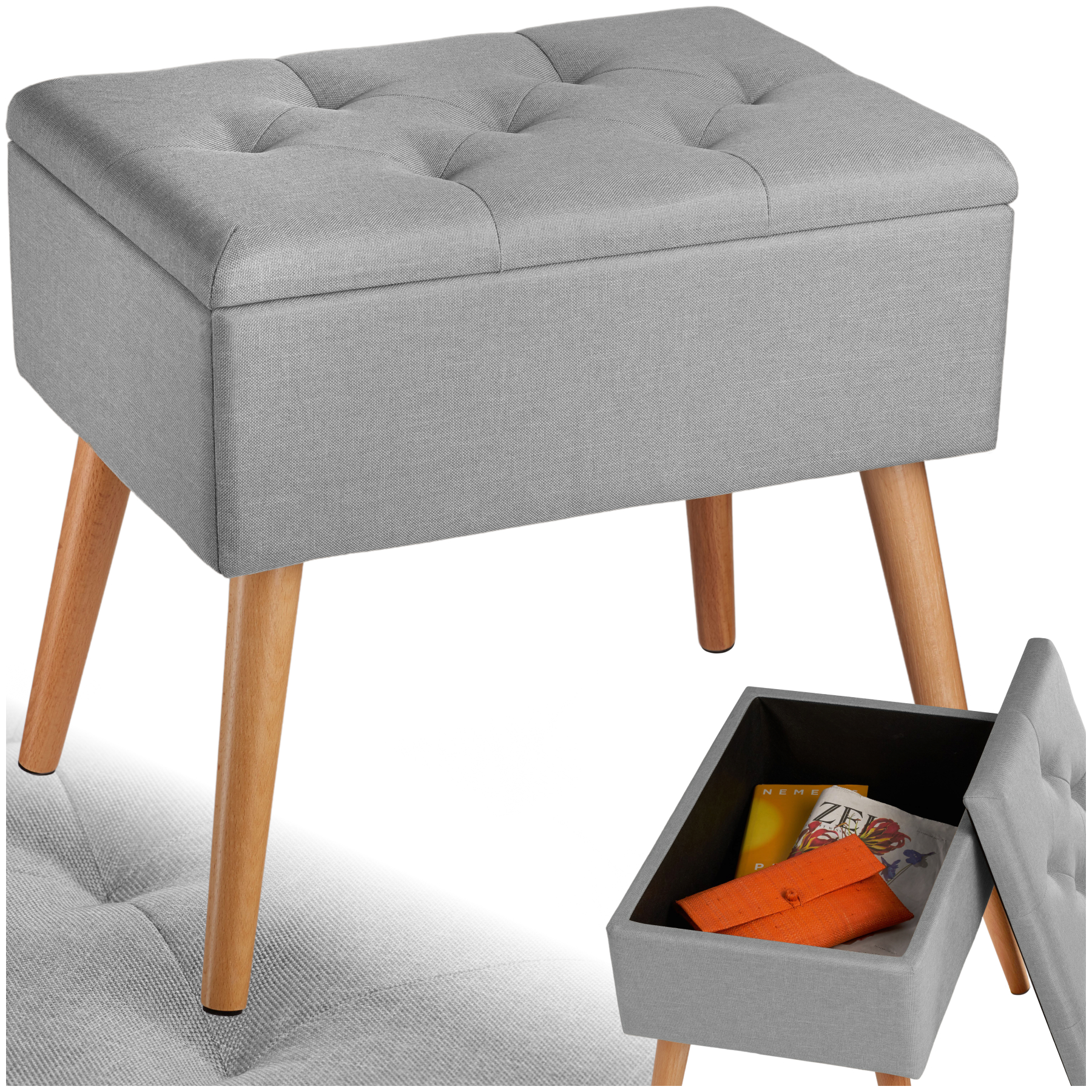 Banc avec coffre de rangement aspect lin RANYA - gris clair | tectake