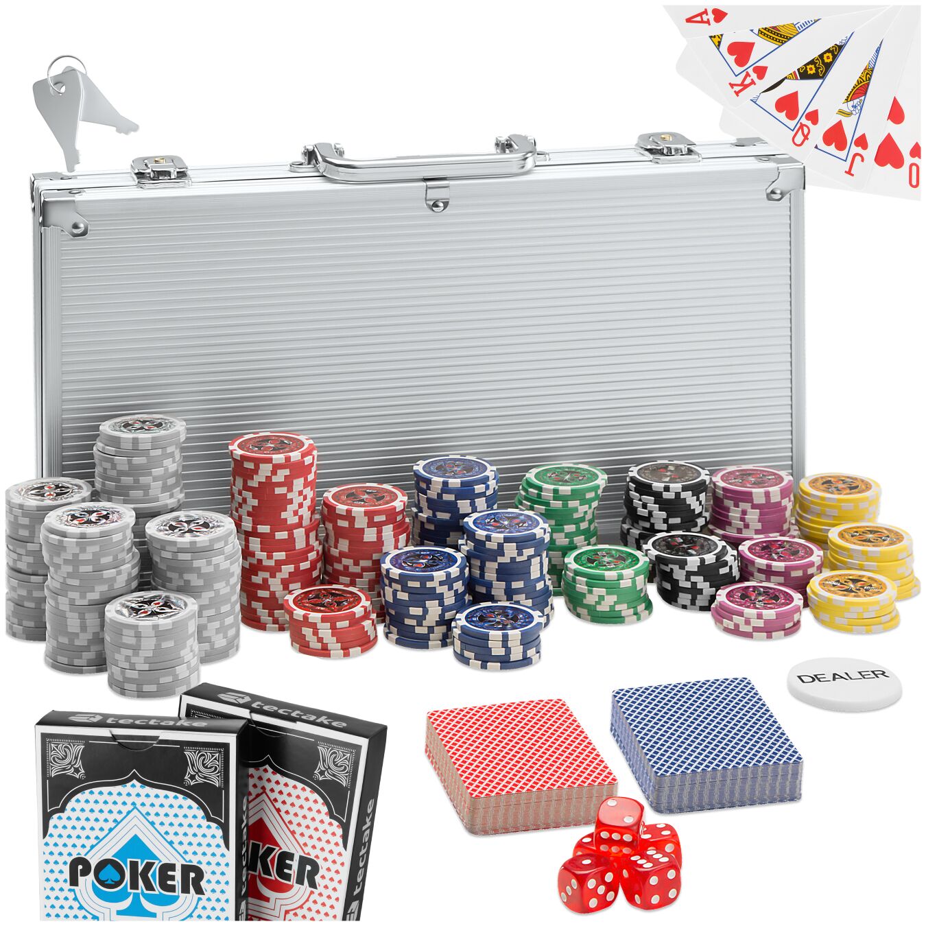Poker Set Coloured Numbered Poker Chips Cards Deck Dice Dealer button Carry case - silver, 300 Pieces